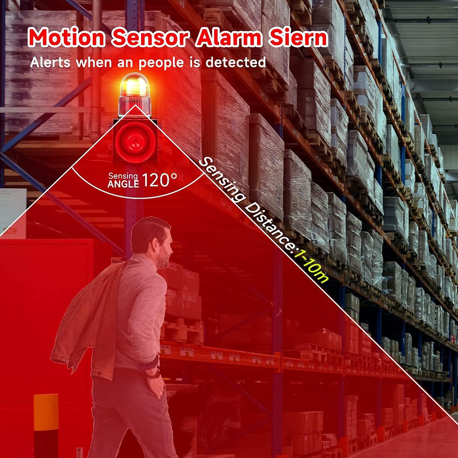 Motion Sensor Alarm 120dB Horn Adjustable Volume Tones Waterproof LED Strobe Light Sirens Motion Detector Alarm System for Home Factories, Warehouses and Docks Security AC110-120 V SLA-01W