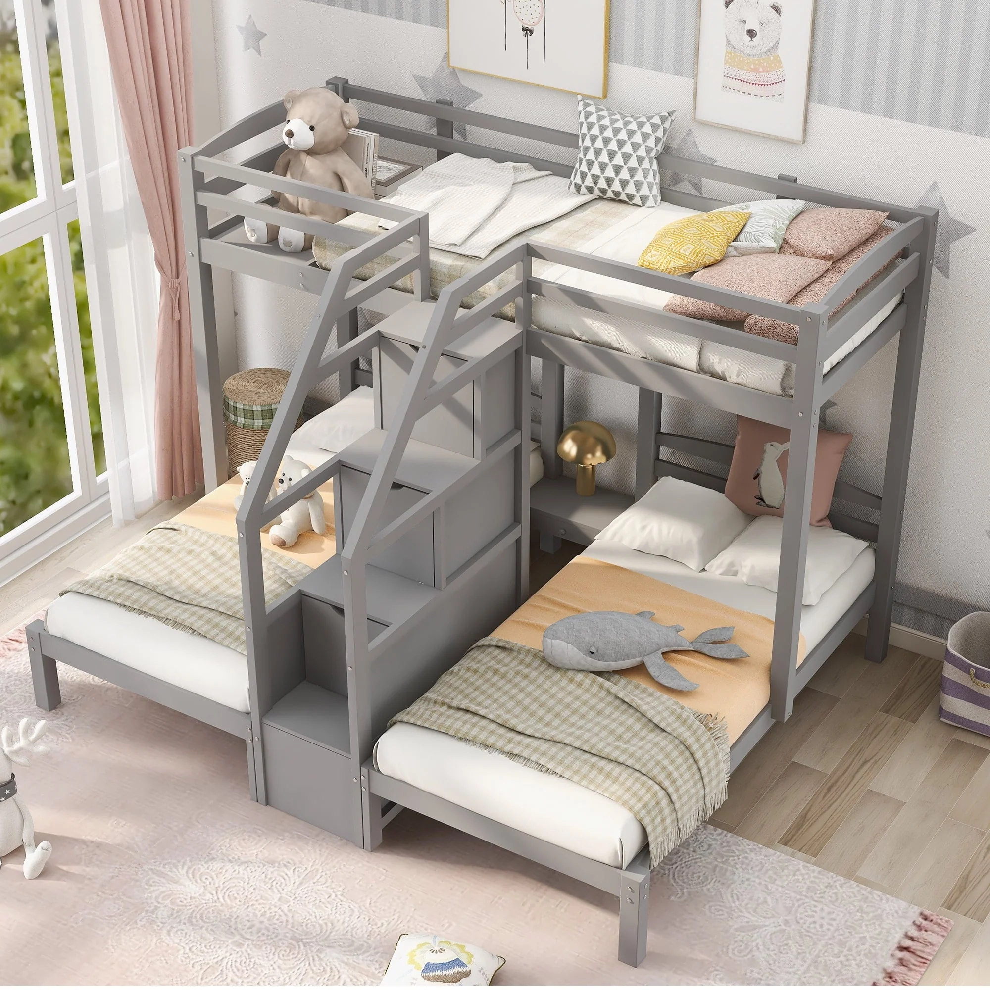 Twin over Twin Twin Bunk Bed with Staircase and Drawers for Kids Bedroom, 3 in 1 Bunk for More Kids, Storage Staircase, Gray
