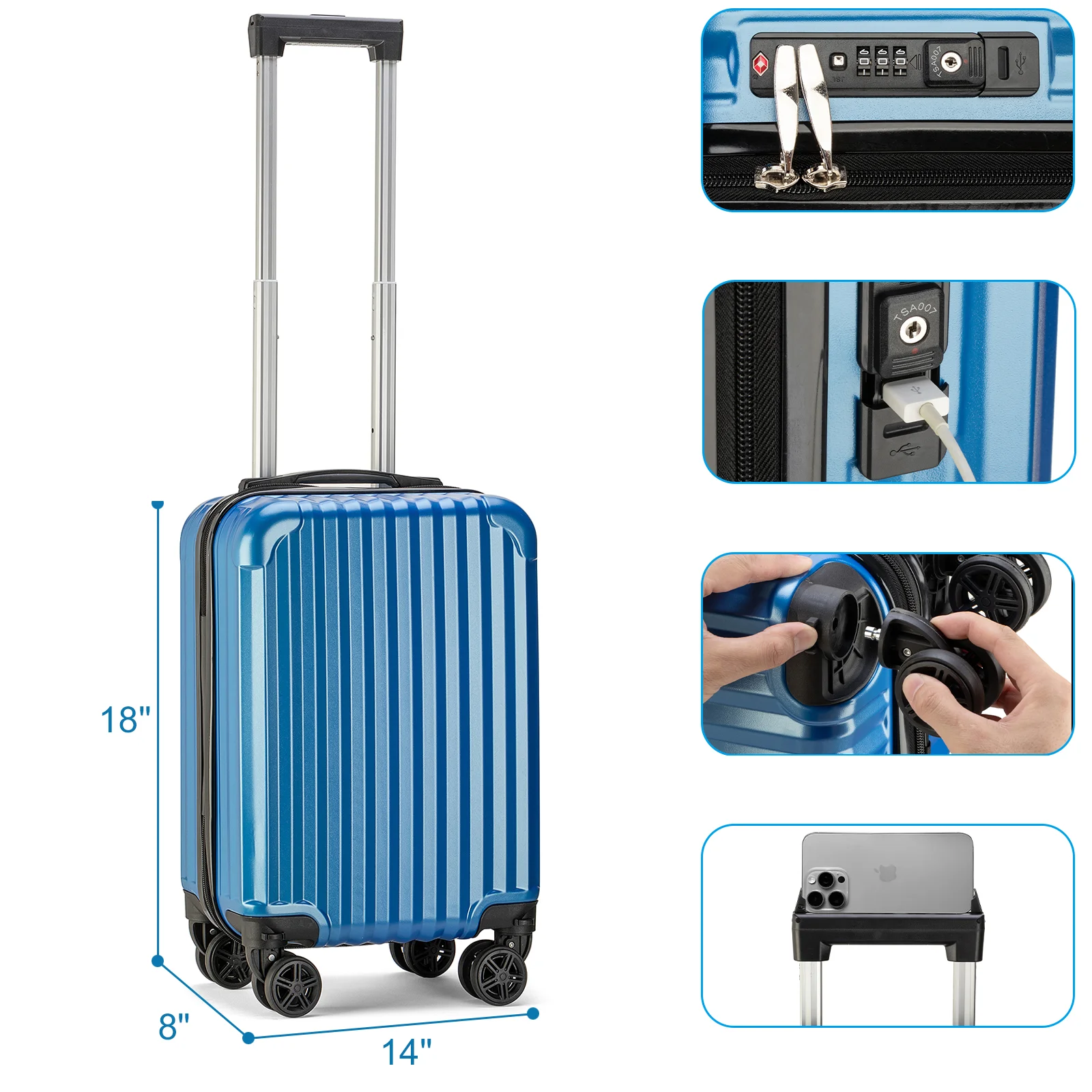 Personal Item Suitcase 18x14x8 Inches Hardside Built In TSA Lock USB Port Lightweight Luggage With Removable Silent Wheels Underseat Carry-On Bag For Spirit and Frontier and More (Blue) - Image 6