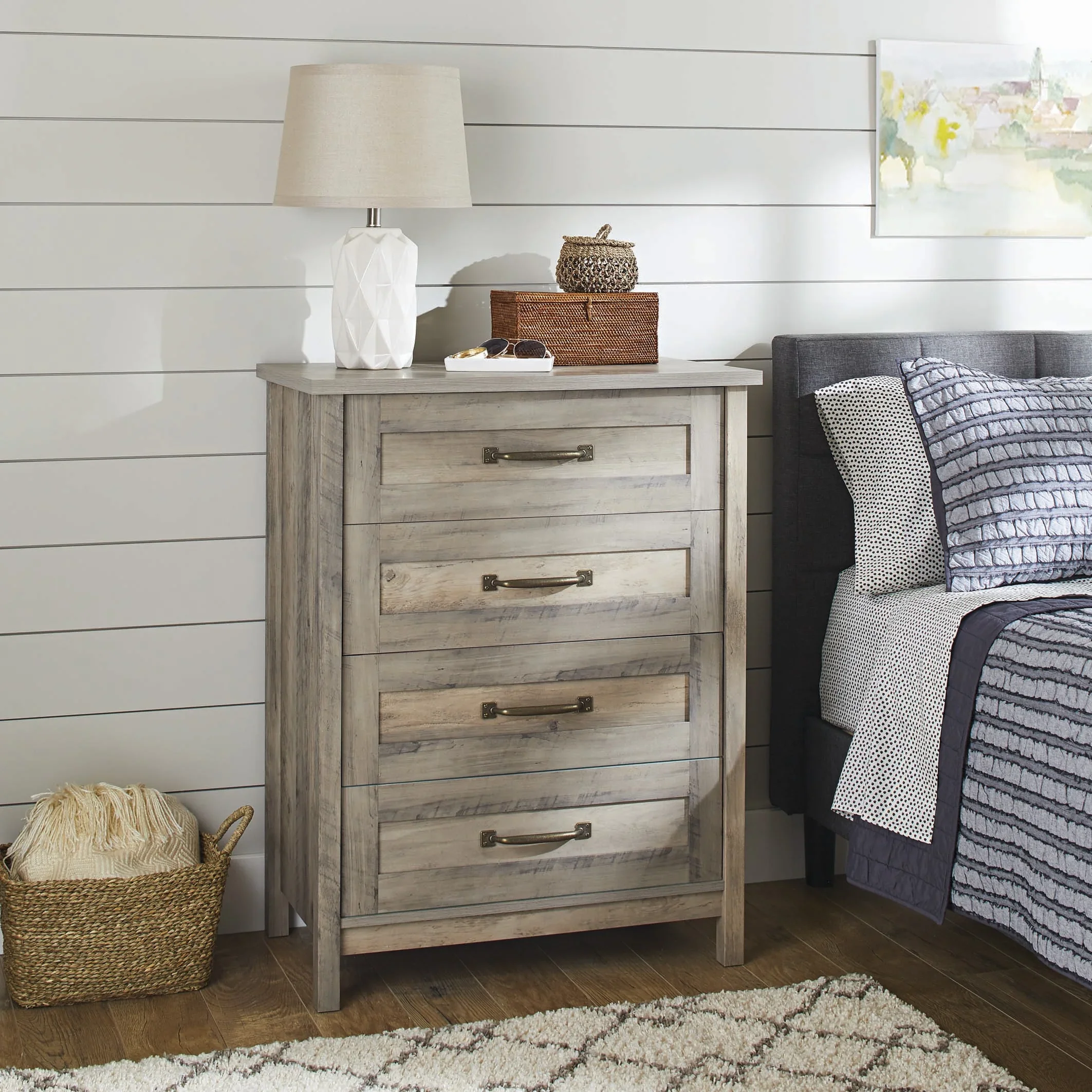 Better Homes & Gardens Modern Farmhouse 4-Drawer Dresser, Rustic White Finish