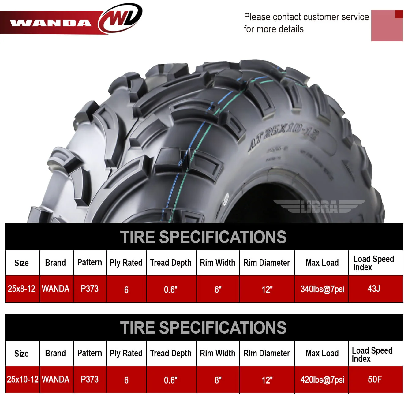 Wanda ATV/UTV Tires 25x8 - 12 Front & 25x10 - 12 Rear 6PR P373 - 10243/10244, Set 4