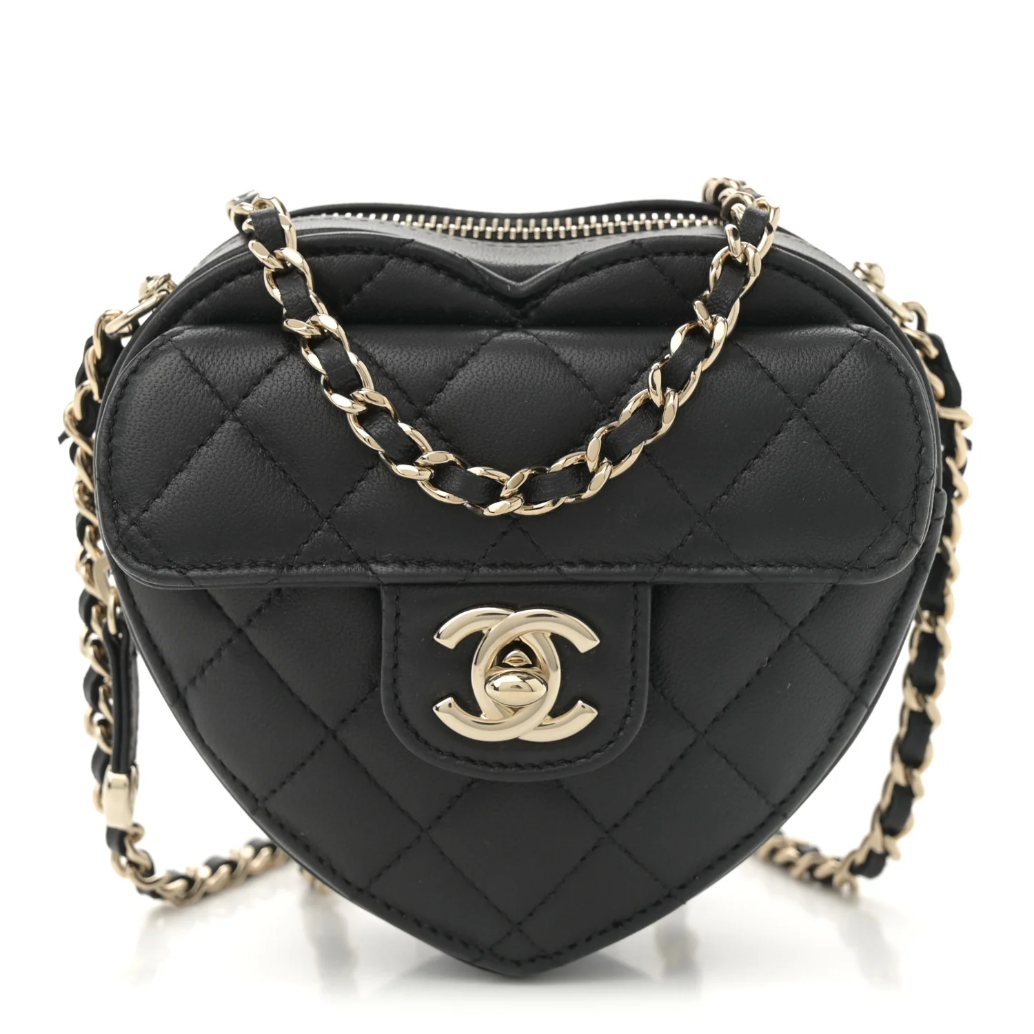 Lambskin Quilted CC In Love Heart Clutch With Chain  Black