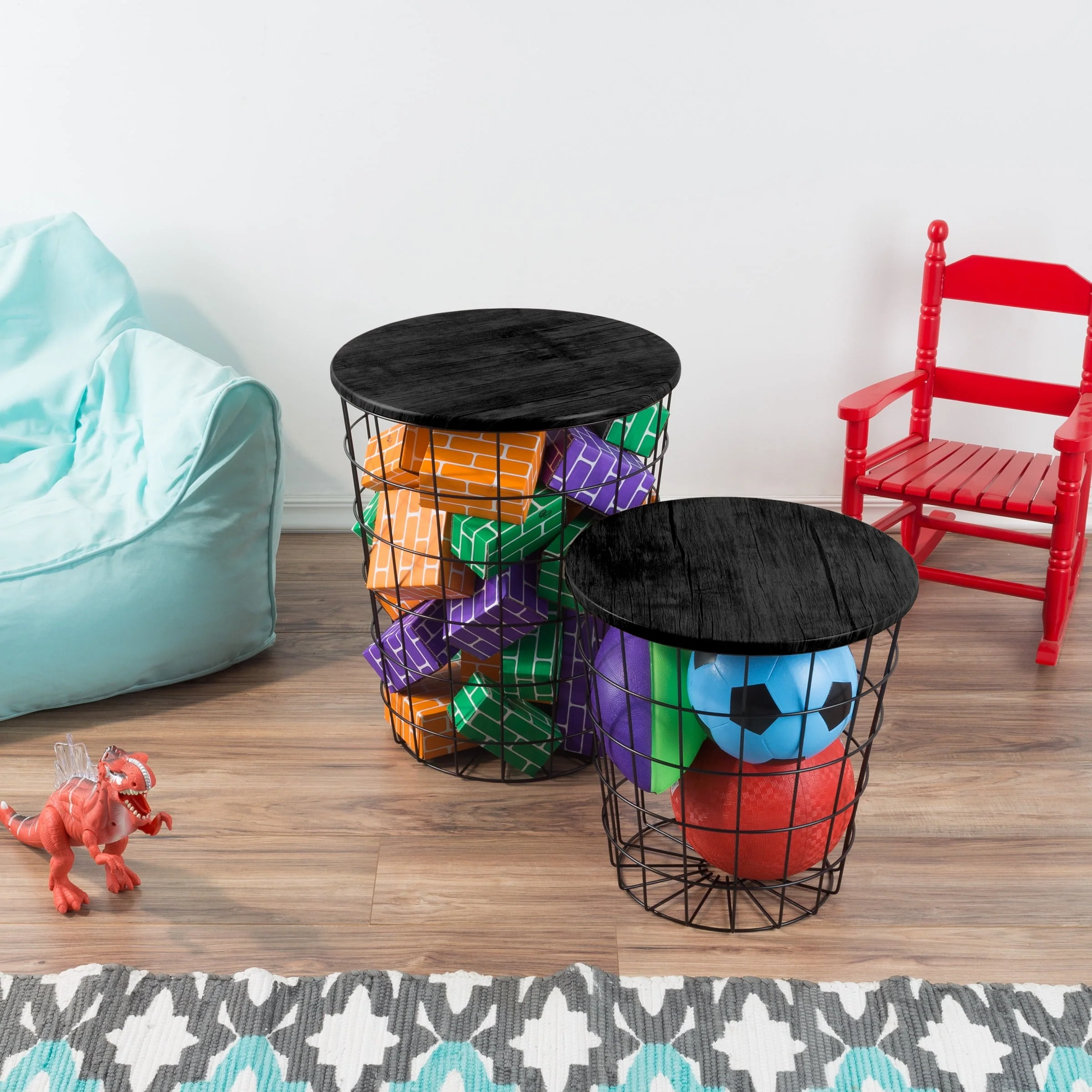 Nesting End Tables with Storage- Set of 2 Round Metal Baskets By Lavish Home (Black)(Black)