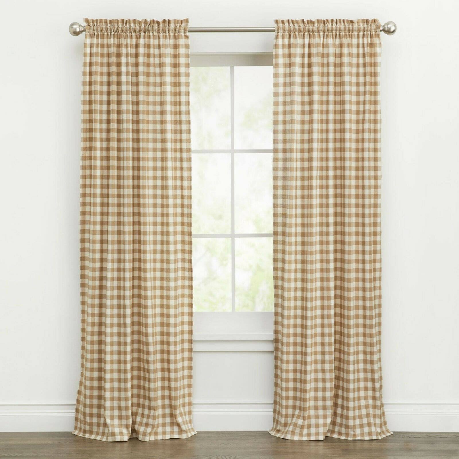 Kate Aurora Country Farmhouse Buffalo Check Plaid Gingham Window Curtains - Linen - 42 in. W x 63 in.