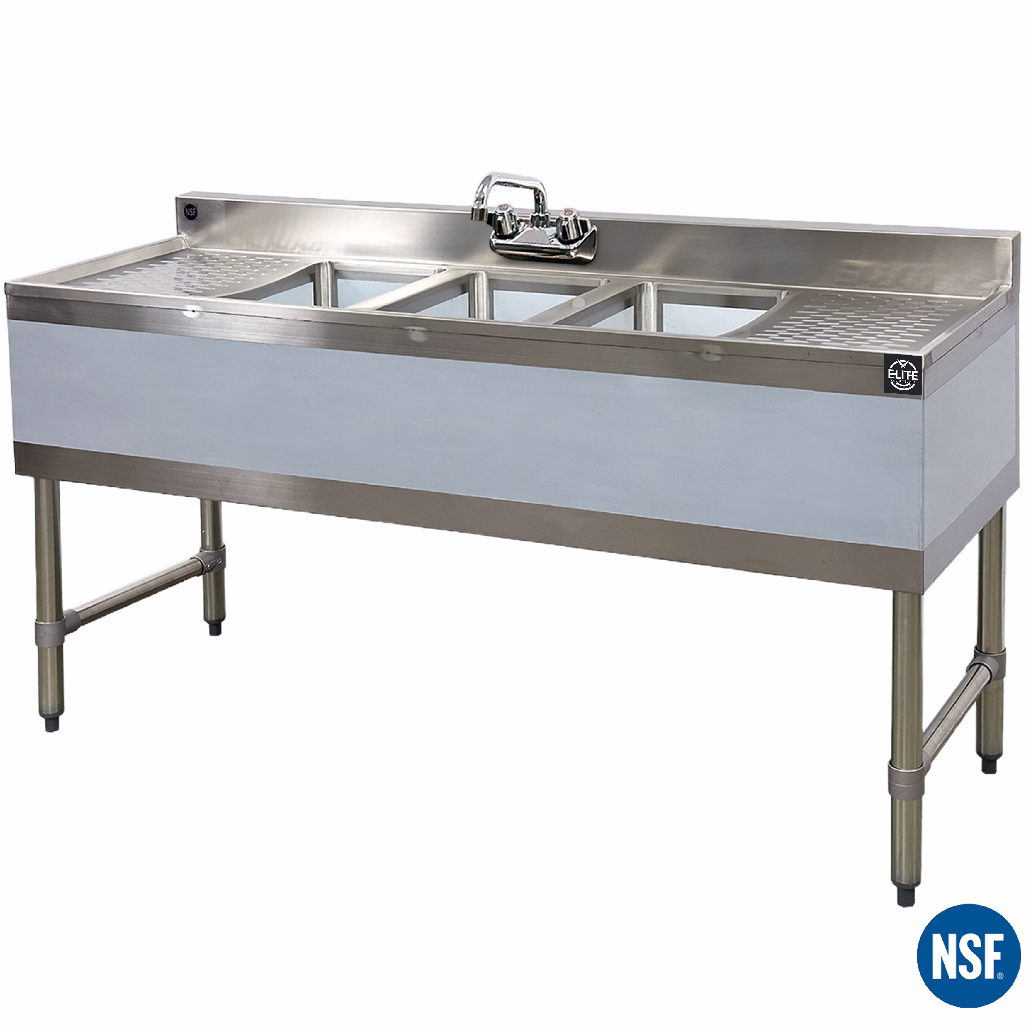 60 In. 3 Compartment Bar Sink with Faucet, NSF Commercial Sink with Drainboard 20 Gauge, Freestanding Stainless Steel Sink