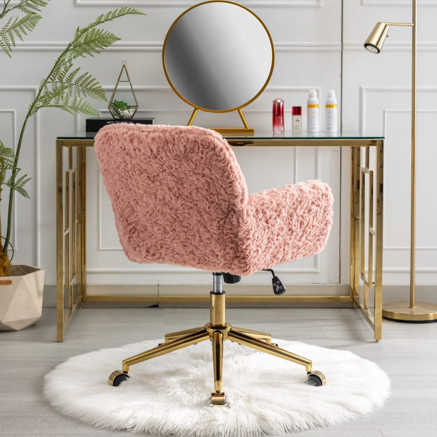 Furniture Office Chair, Artificial Rabbit Hair Makeup Vanity Chair Chair, 360 Comfy Swivel Armchair with Wheels, Modern Height Adjustable Cute Vanity Chair for Living Room Small Spaces Pink(Pink (with armrest)) Image 4