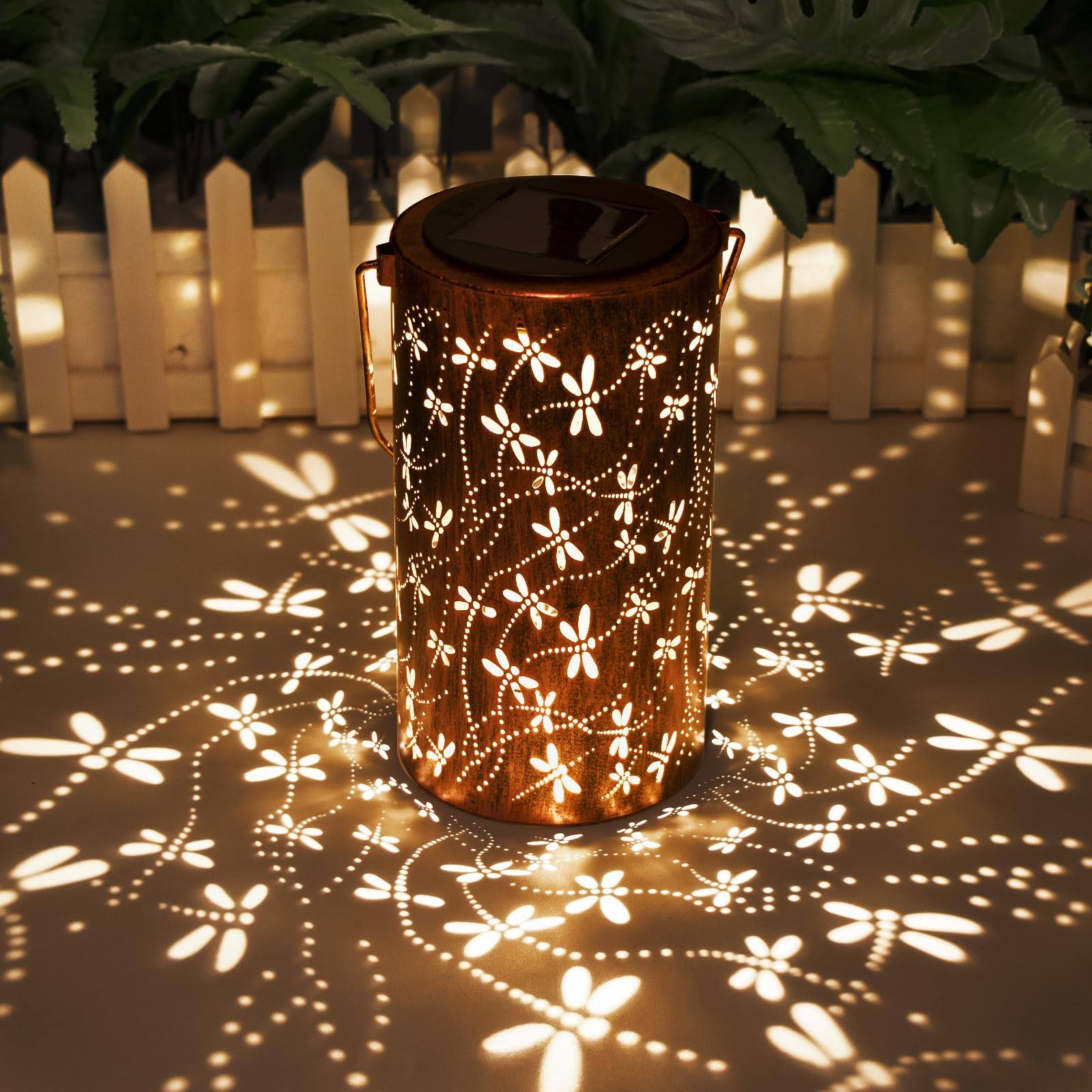 DIBIEECN Solar Lanterns Outdoor Hanging Lantern Lights, Dragonfly Hollowed-out Metal Decor Lantern, Waterproof LED Decorative Garden Light - Delicate