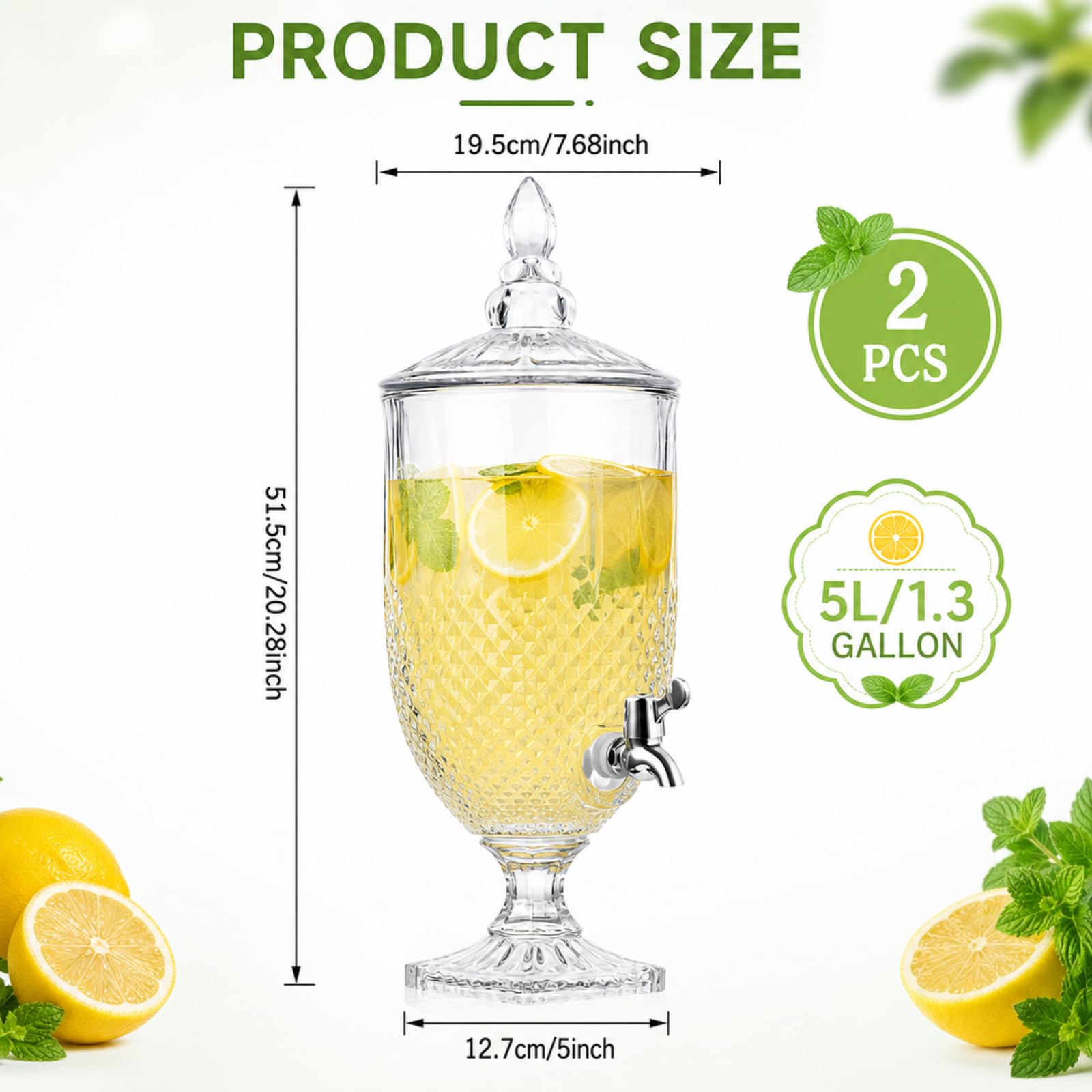 2 Pieces 1.3 Gallon Drink Dispensers for Parties Crystal Iced Beverage Dispenser with Stand and Spigot, Glass Liquid Containers Wide Mouth Beverage Server for Juice Tea Wedding(Exquisite)