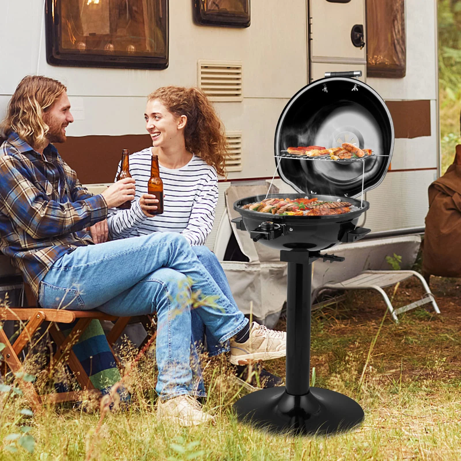1600W Electric Grill Outdoor, 15 Serving Freestanding Camping Grill with Warming Rack, Removable Oil Drip Tray, Adjustable Temperature Control, Portable BBQ Grill for Patio, Backyard (Black) Image 2