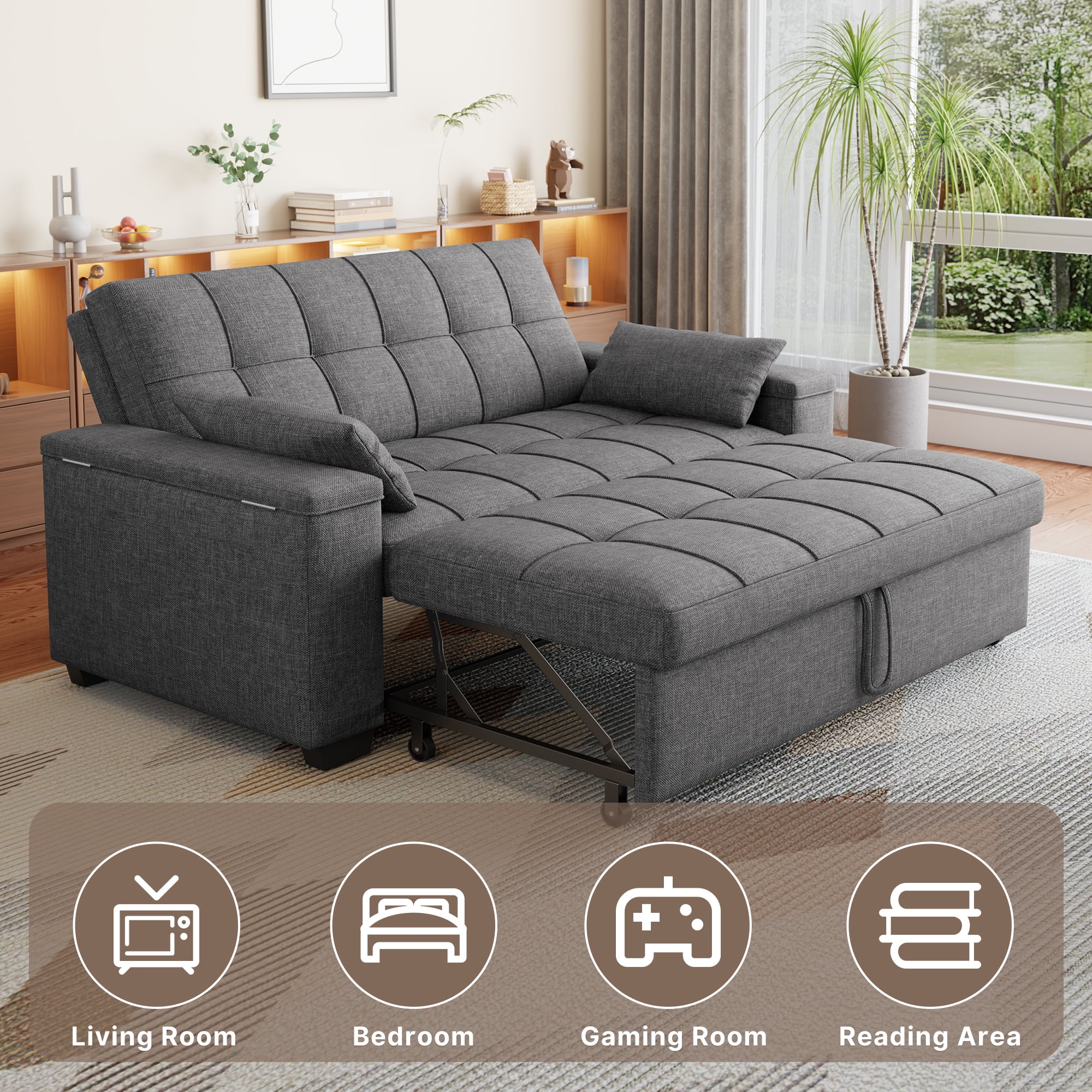 Sofa Bed, 3 in 1 Convertible Couch Bed with Storage Armrest and Adjustable Backrest for Living Room, Dark Gray - Image 4