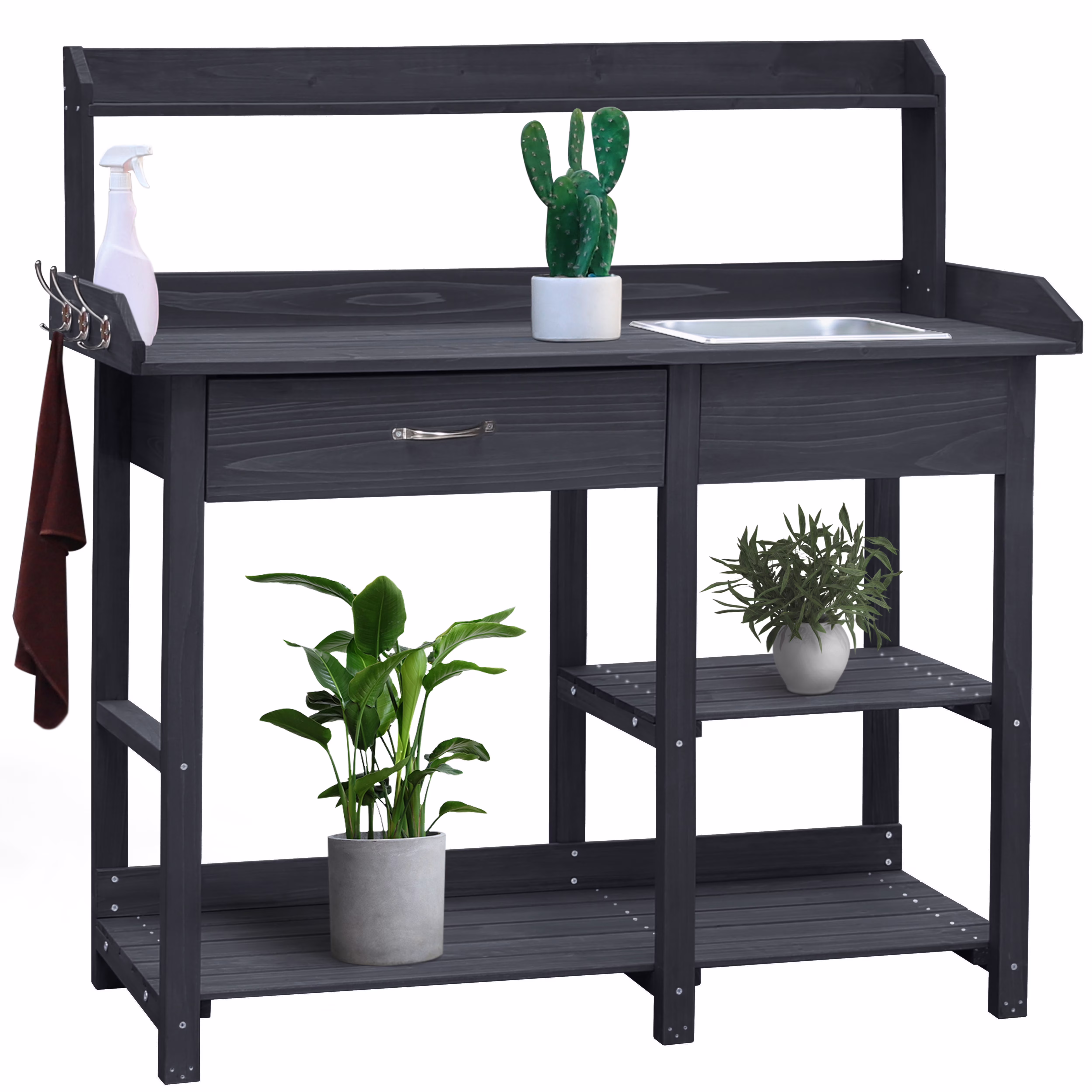Wood Potting Bench Garden Table w/ Removable Stainless Sink Shelves, Natural(Natural) - Image 3