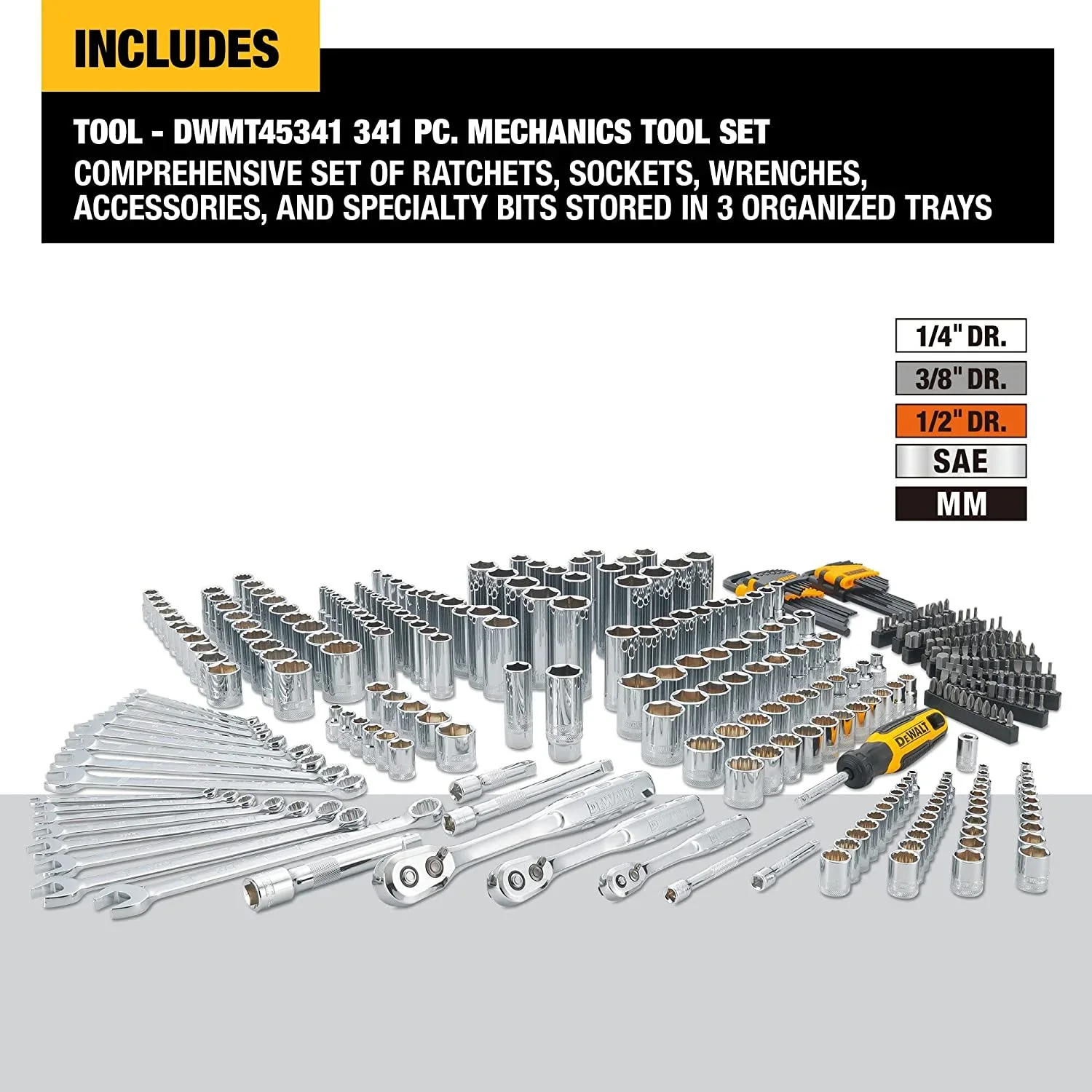 DEWALT Mechanics Tool Set, 1/4, 3/8, 1/2 Drive Tools and Combo Wrenches, 341 Piece (DWMT45341)