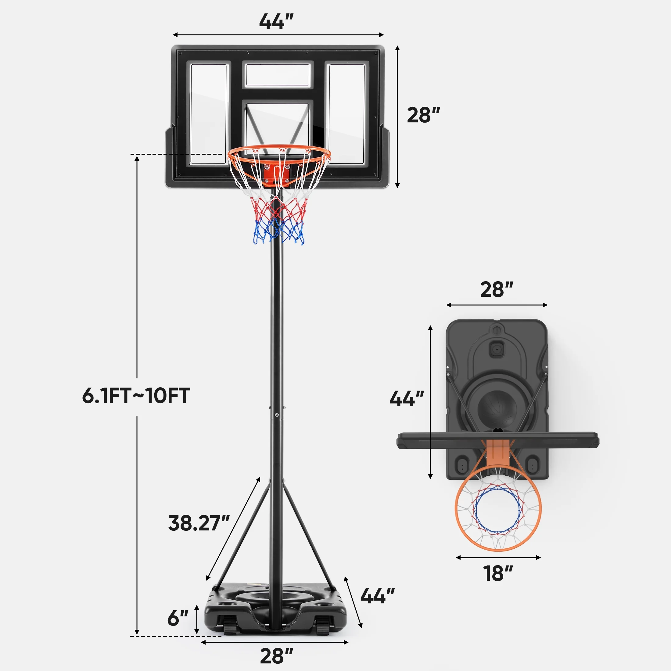 6.1ft-10ft Adjustable Height 44" Shatterproof Outdoor Portable Basketball System (Adult) - Image 5
