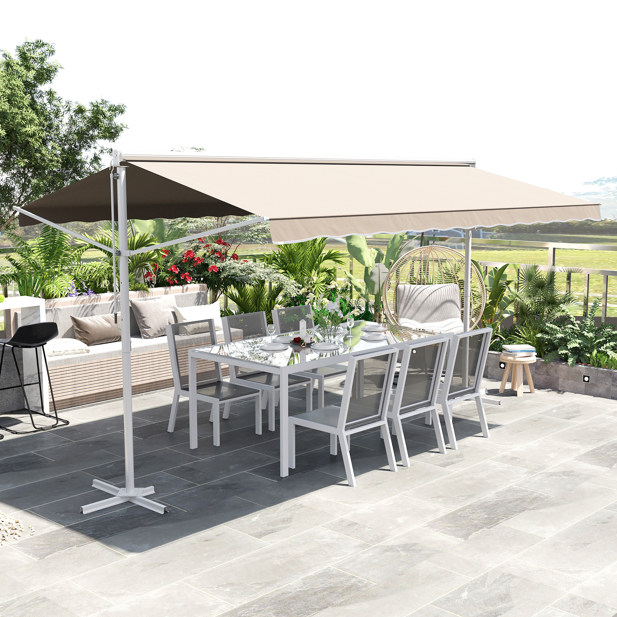 Outsunny Staande luifel met knikarm tuinluifel luifel zwengel crème 4,5 x 3,42 m