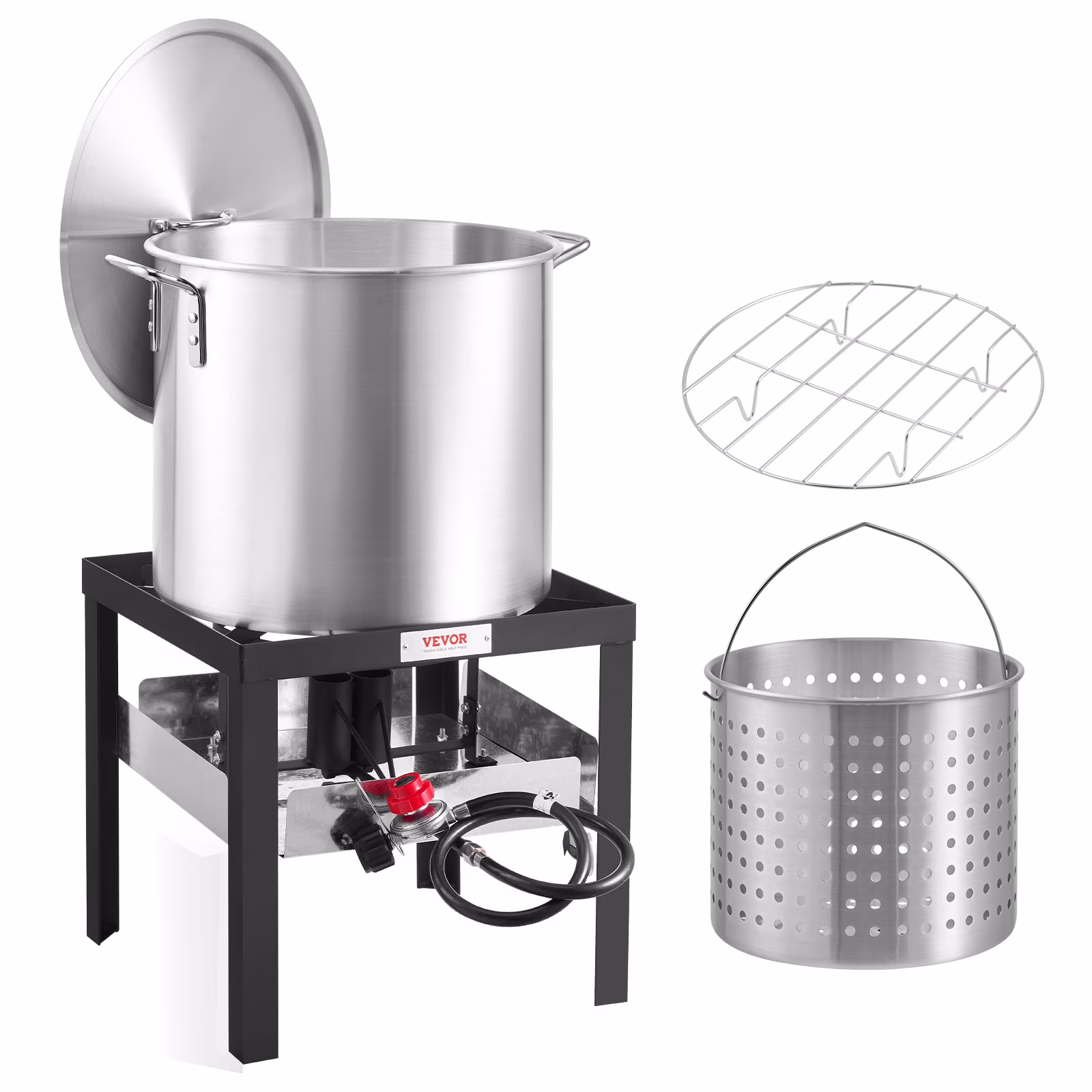 VEVOR 100 Qt Seafood Boiling Kit with Strainer, Outdoor Seafood Boil Pot and Basket, Cooking Set for Crab Crawfish Lobster Boiling, Aluminum Stockpot with 100, 000 Btus Propane Burner and Steamer Rack