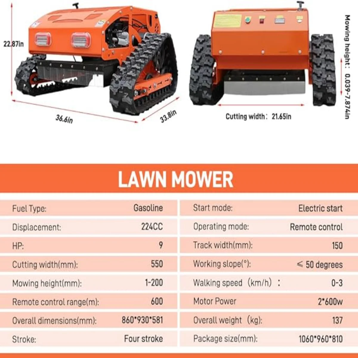 300 lbs 9 HP Orange Remote Control Lawn, Mower Manganese Steel Blade, Adjustable Cutting Height, Speed, All Terrain Cordless Grass Cutter - Image 2