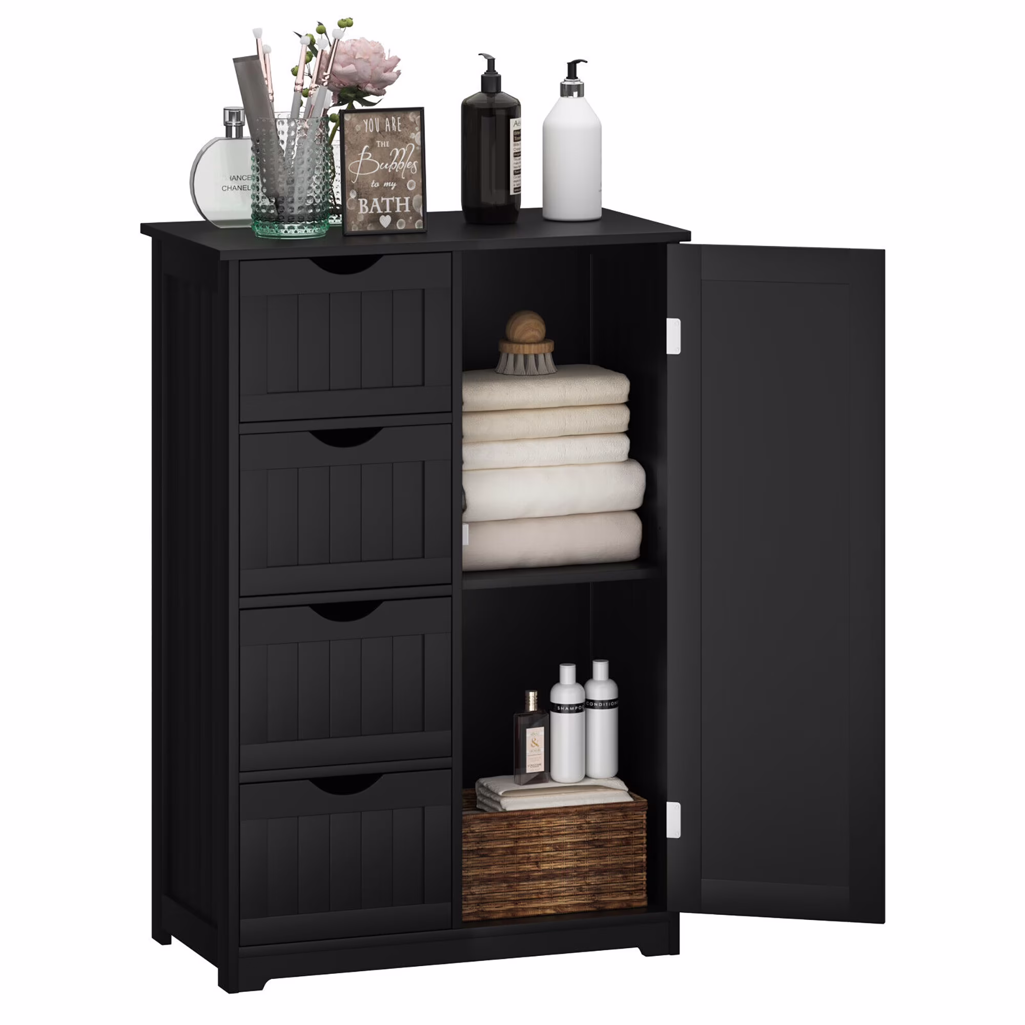 Bathroom Storage Wooden 4 Drawer Cabinet Cupboard 2 Shelves Free Standing White(White) - Image 3