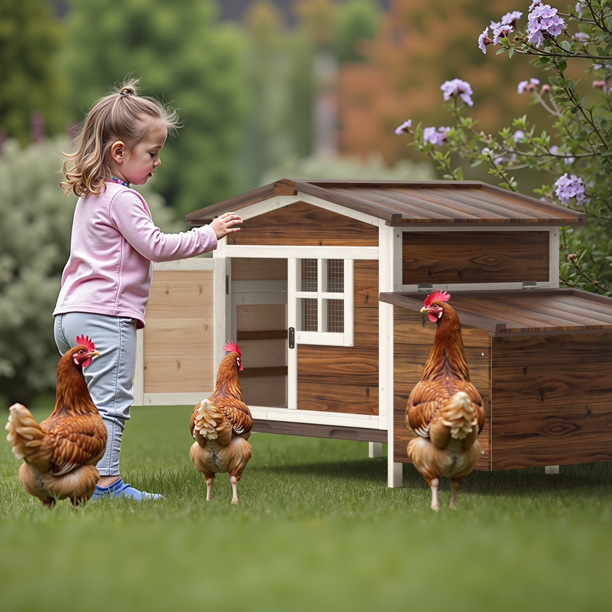 Outdoor Chicken Coop Rabbit Hutch Wooden Hen House w/ Nesting Box Tray Poultry Cage for Outdoor Indoor(Gray) - Image 3