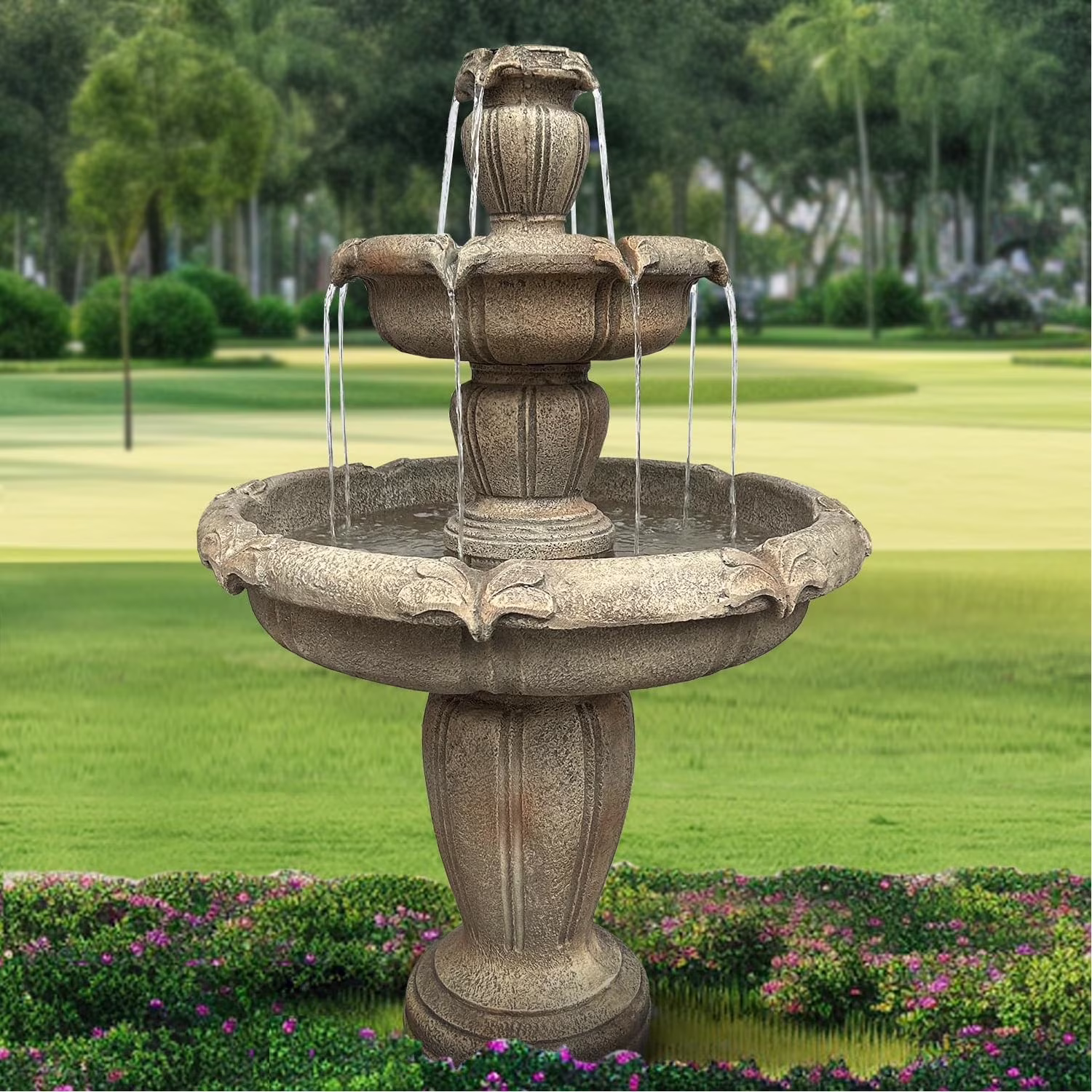 48�?H Outdoor Floor Water Fountain, 3-Tiers Concrete Water Fountain with Submersible Electric Pump Garden Cascading Waterfall for Yard Patio Lawn Home Decor(Brown 1)