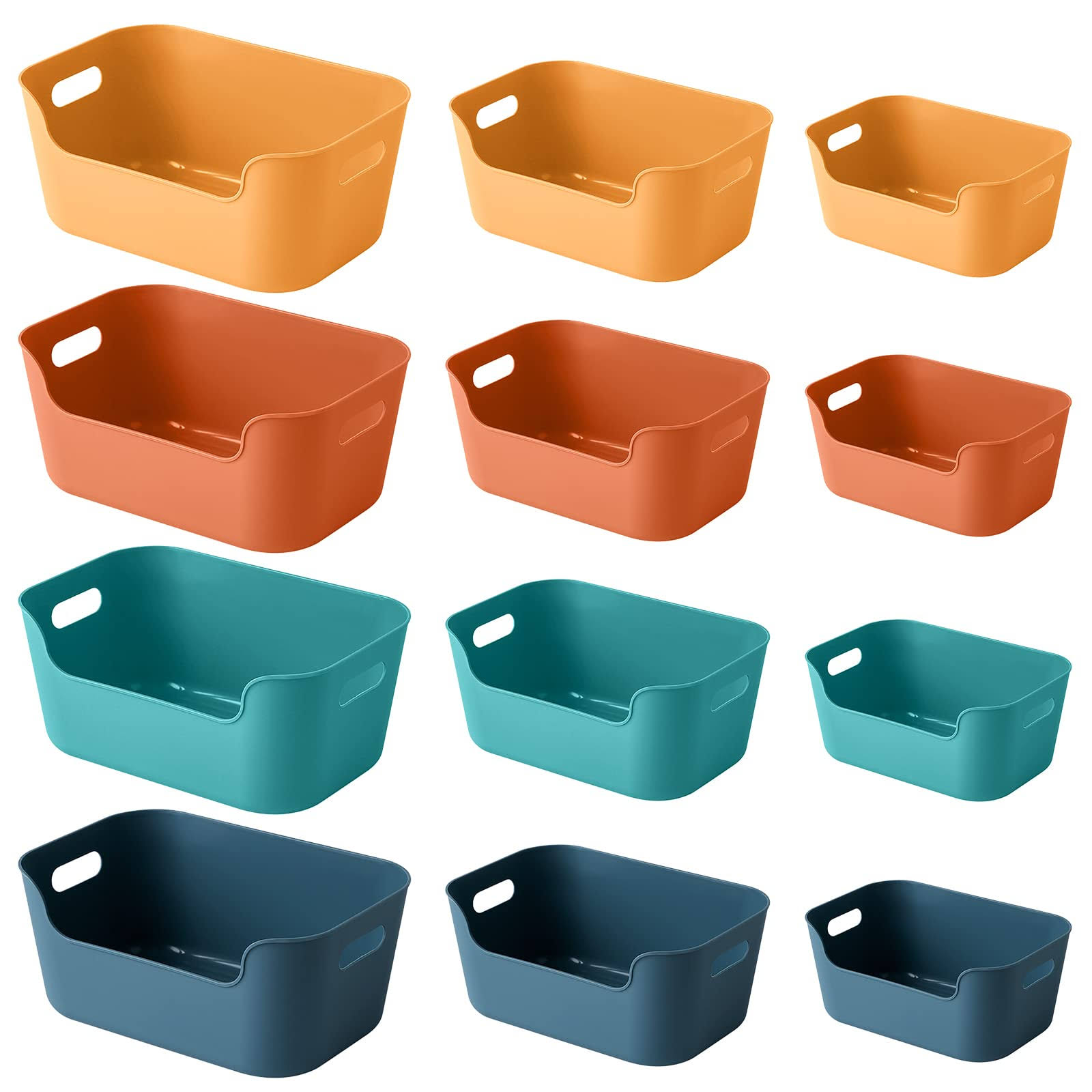 OWill 12 Pack Plastic Storage Basket,Multiple Colour Boxes Organiser Storage for Kitchen, Cupboard, Office, School and Home