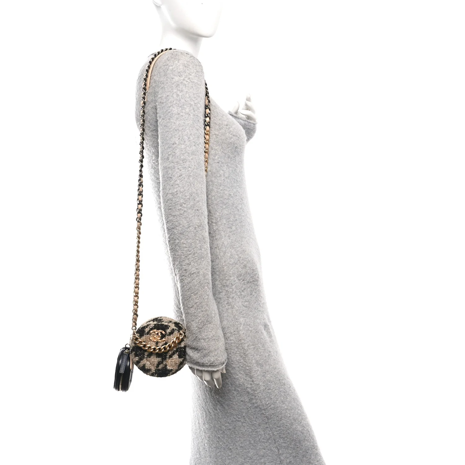 Wool Tweed Lambskin Quilted Chanel 19 Round Clutch With Chain and Coin Purse Beige Black