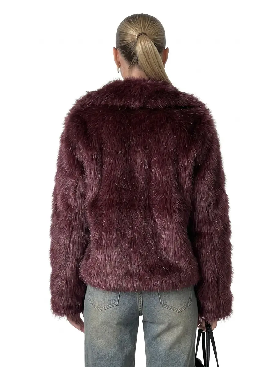 Back view of a women's maroon faux fur jacket