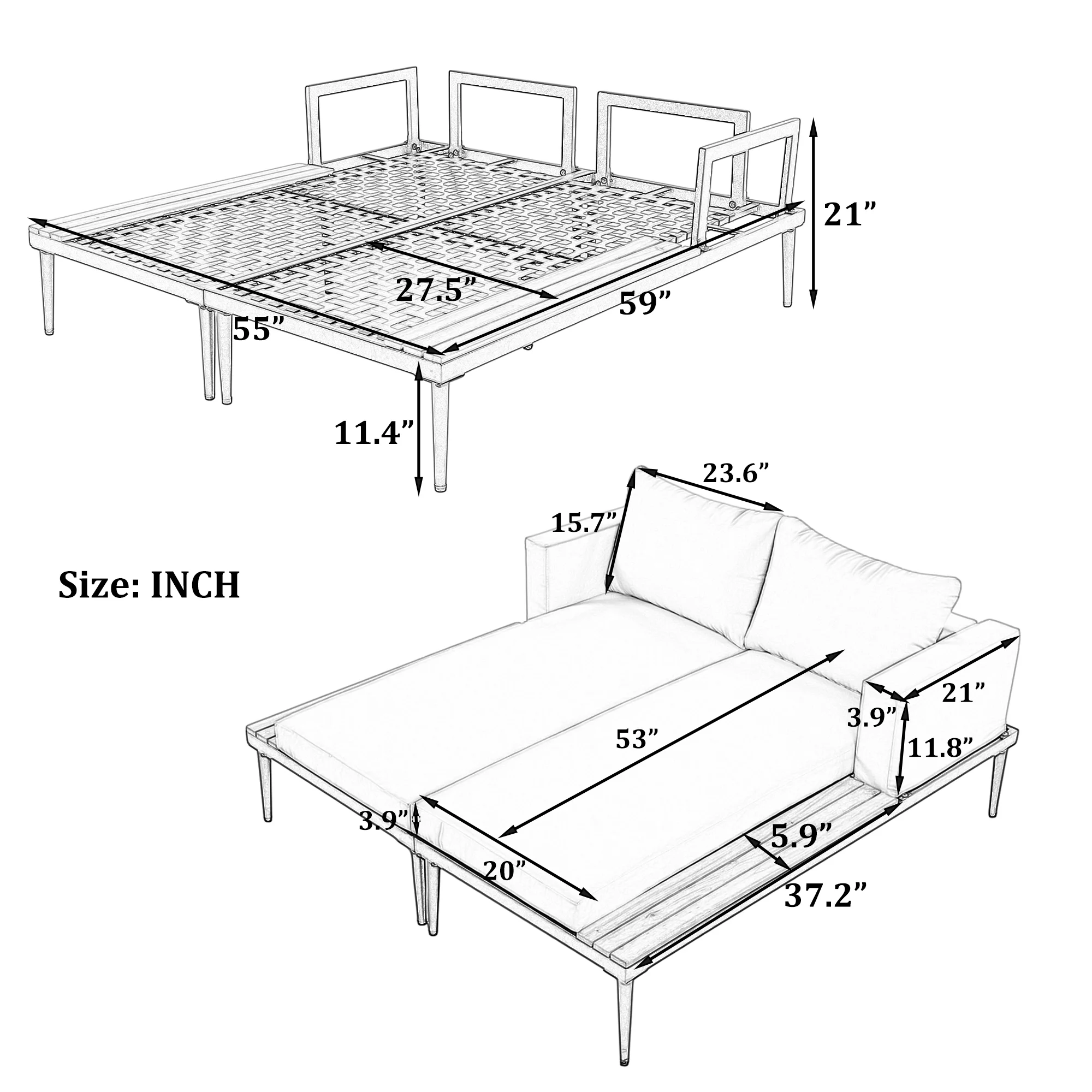 Patio Outdoor Metal Daybed for 2, All Weather Outdoor Chaise Lounges Reclining Chairs with Wood Topped Side Spaces for Drinks for Poolside Balcony Deck, Gray(Gray) - Image 2