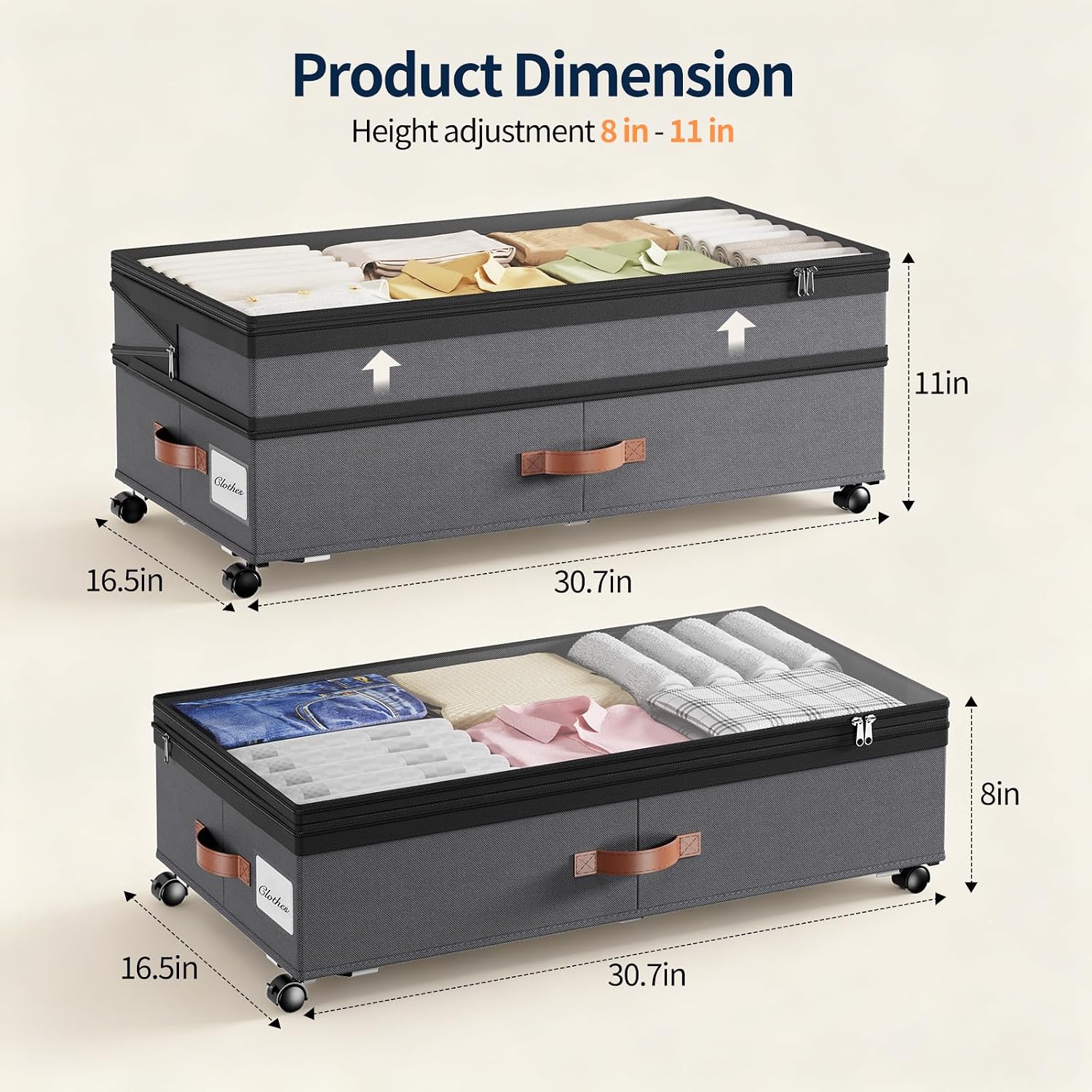 Yecaye 90L Under Bed Storage with Wheels, Height Adjustable, 2 Pack, Grey