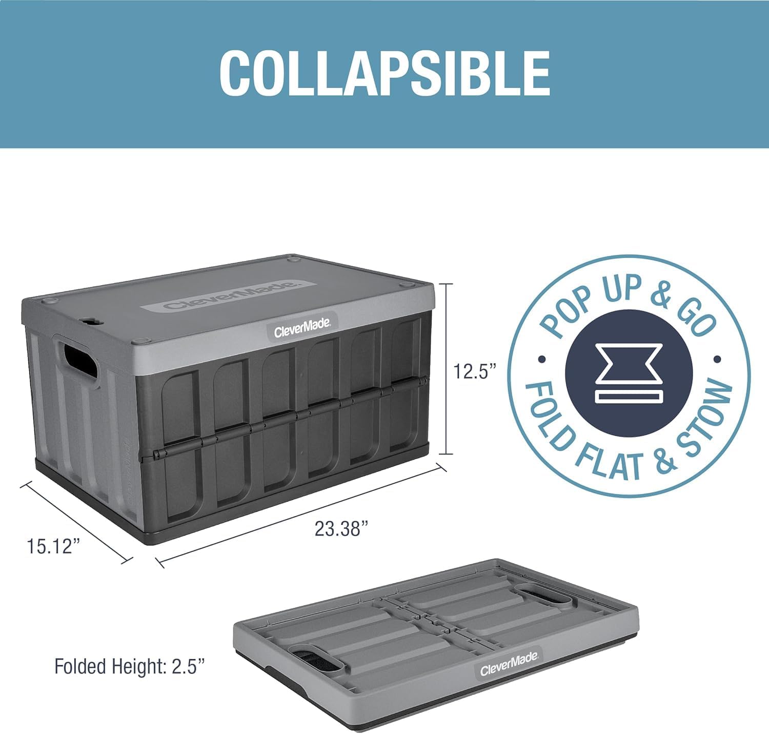 CleverMade Collapsible Storage Bins (with Lids), 62L, 3 Pack - Stone