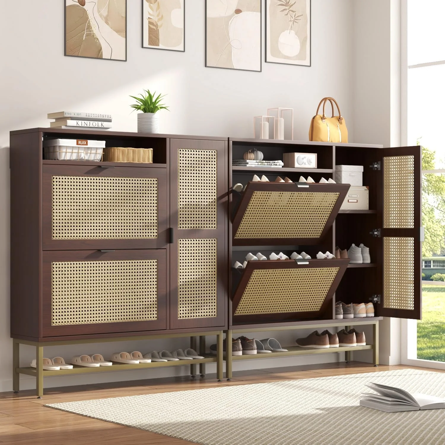 AECOJOY Rattan Shoe Cabinet with 3 Flip Drawers, Free Standing Shoe Storage Organizer with Adjustable Shelves, Fits 13 Shoes