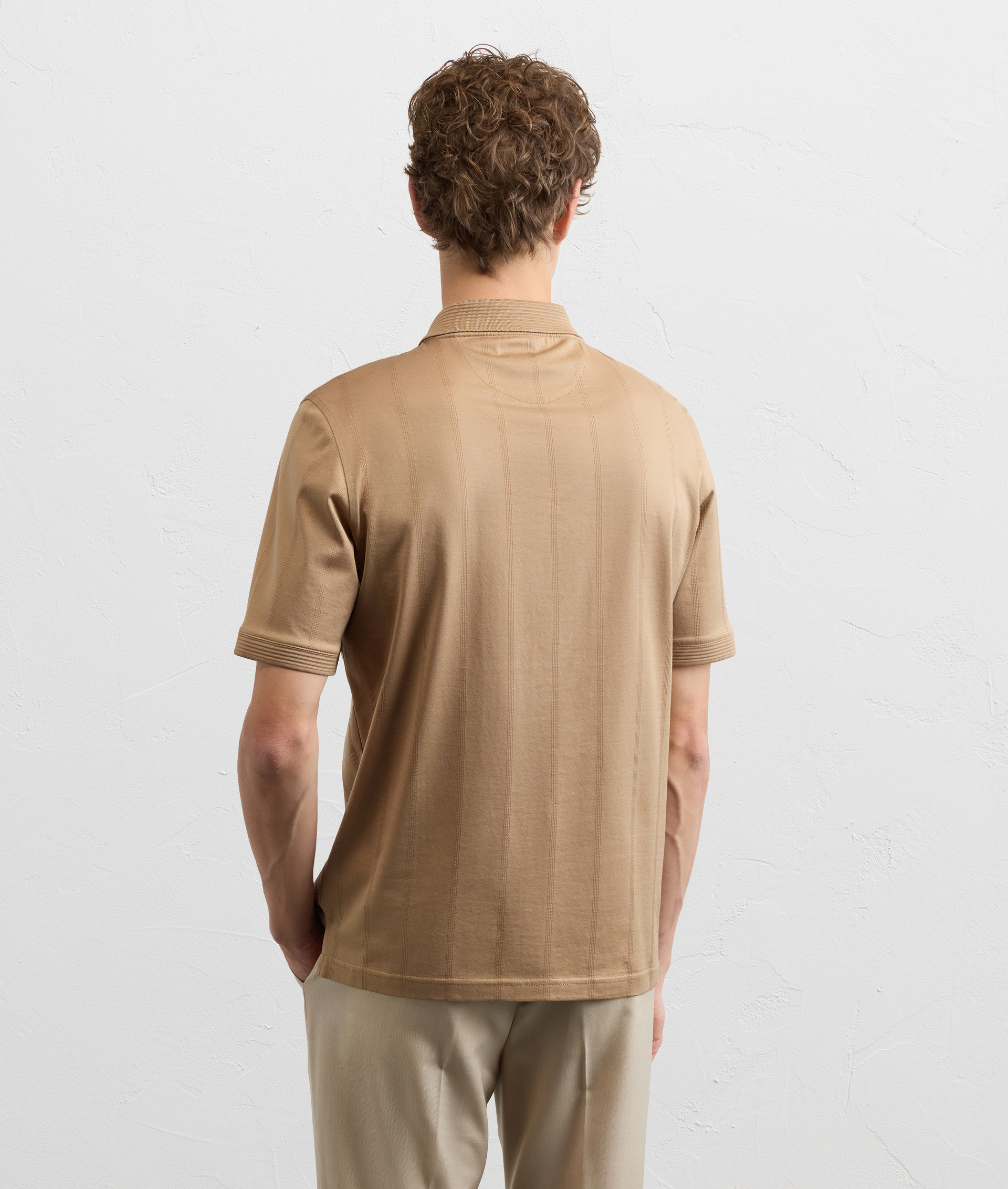 SHORT-SLEEVED POLO SHIRT WITH ZIP AND OTTOMAN DETAILS ON THE COLLAR AND SLEEVES IN LIGHT BROWN COTTON JERSEY