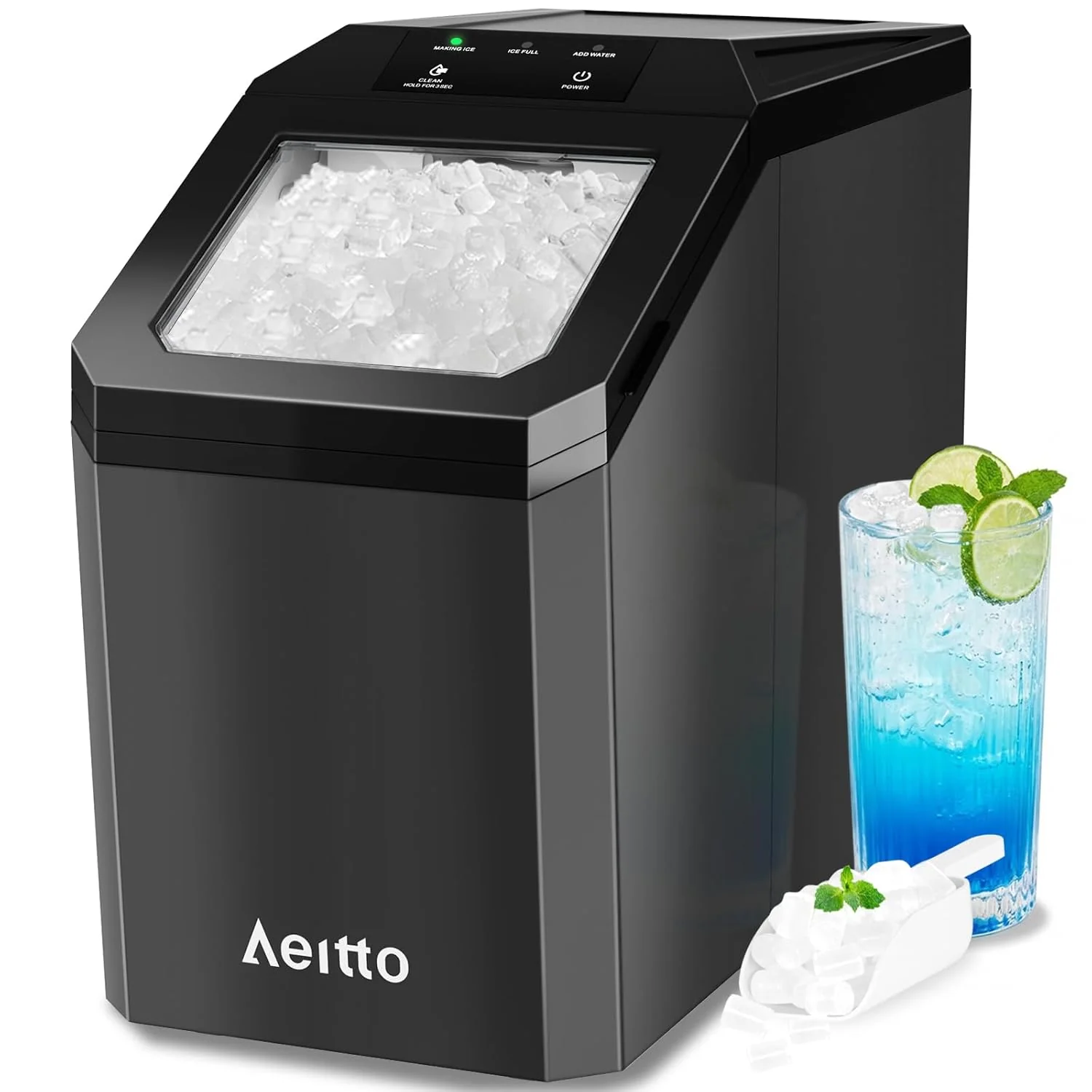 Machine à glaçons Aeitto Nugget, format comptoir, capacité 19 kg/24 h, réservoir d'eau de 1,5 L, production de glaçons en 6 min, autonettoyante, avec panier et pelle, idéale pour la maison, le bureau, le camping-car et les fêtes, couleur argent.