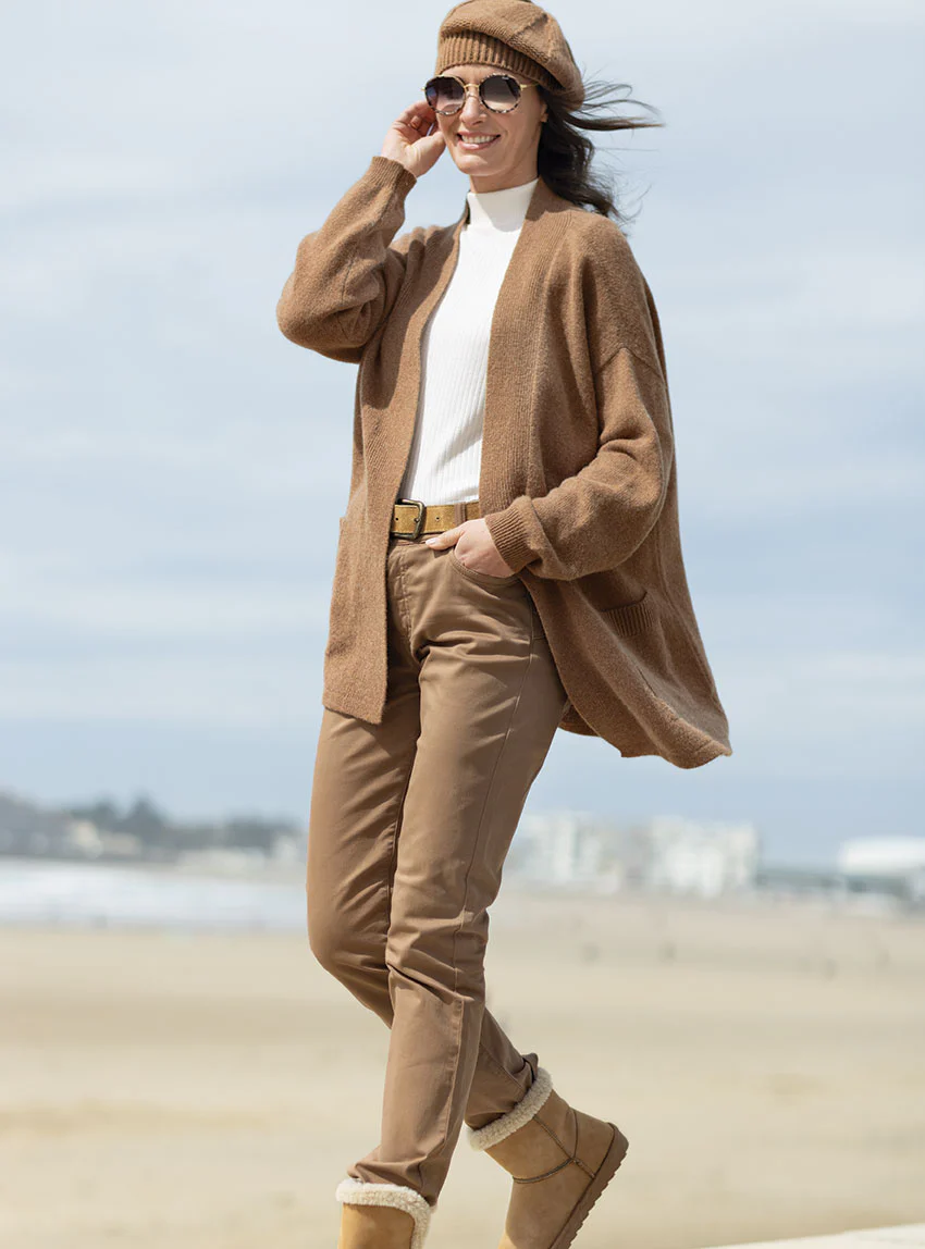 Gilet femme long en laine recyclée beige