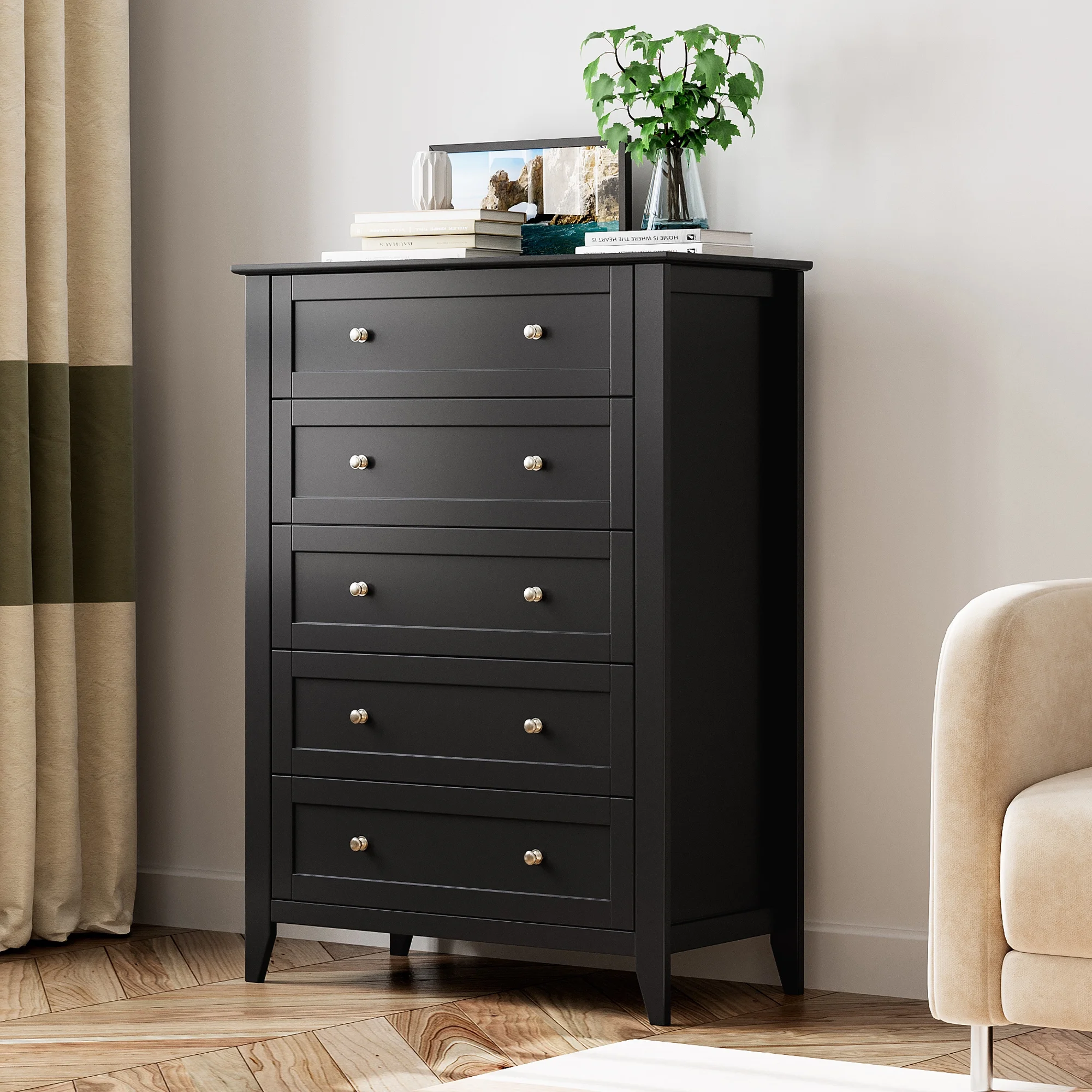 Dresser for Bedroom Black with 5 Drawers, Tall Wood Organizer Storage Cabinet with Round Handle, Drawer Dresser for Closet, Living Room, Hallway, Nursery, Kids Bedroom(5-Drawer Chest/Black) - Image 10