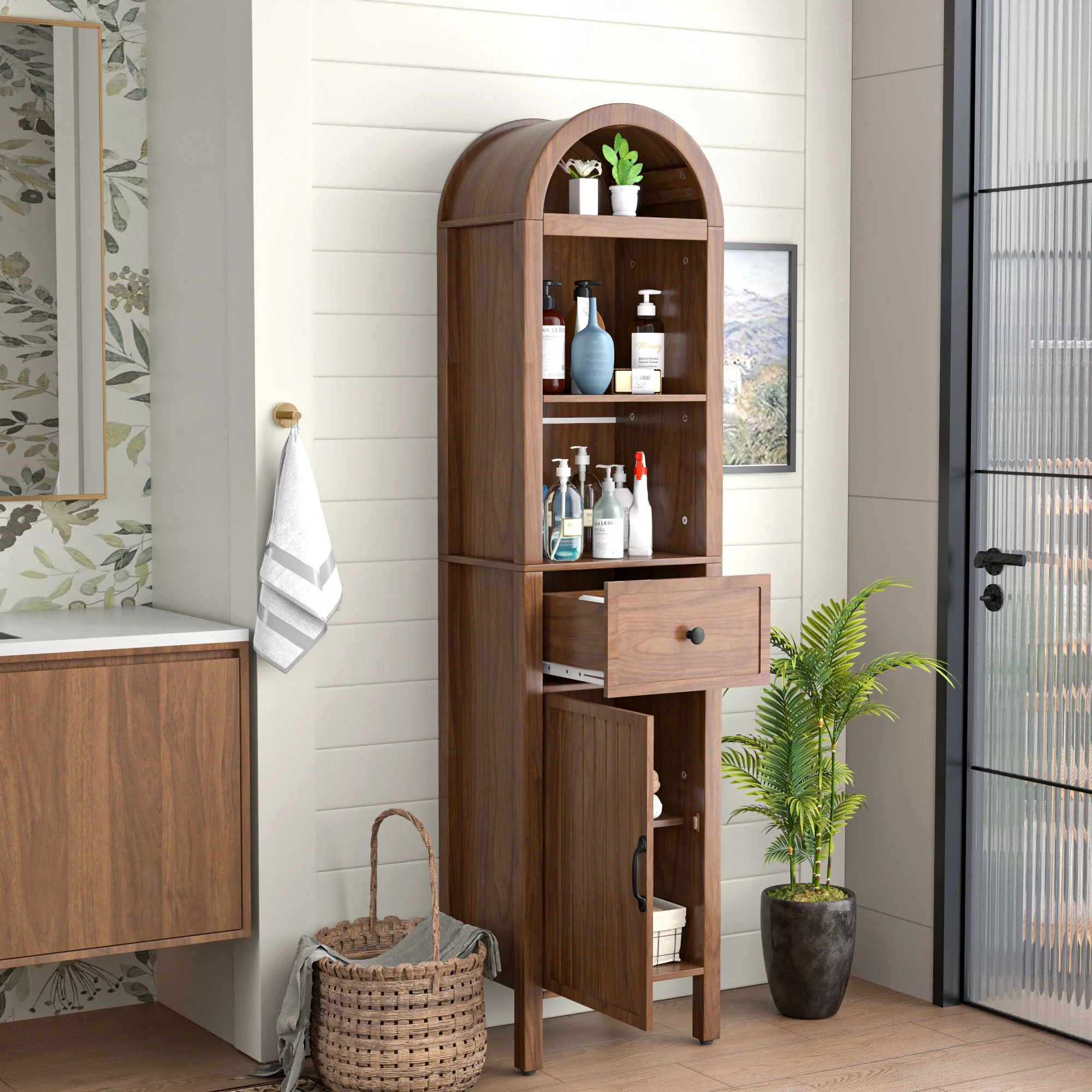 Bathroom Storage Cabinet Narrow Tall Cabinet Storage Tower with Door and Drawer(Walnut Color) - Image 4