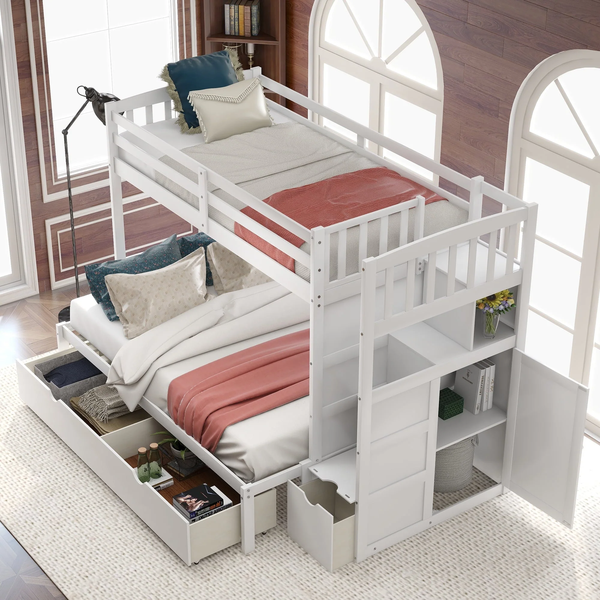 Twin over Twin Bunk Bed with Drawer and Cabinet for Kids Bedroom, White - Image 6