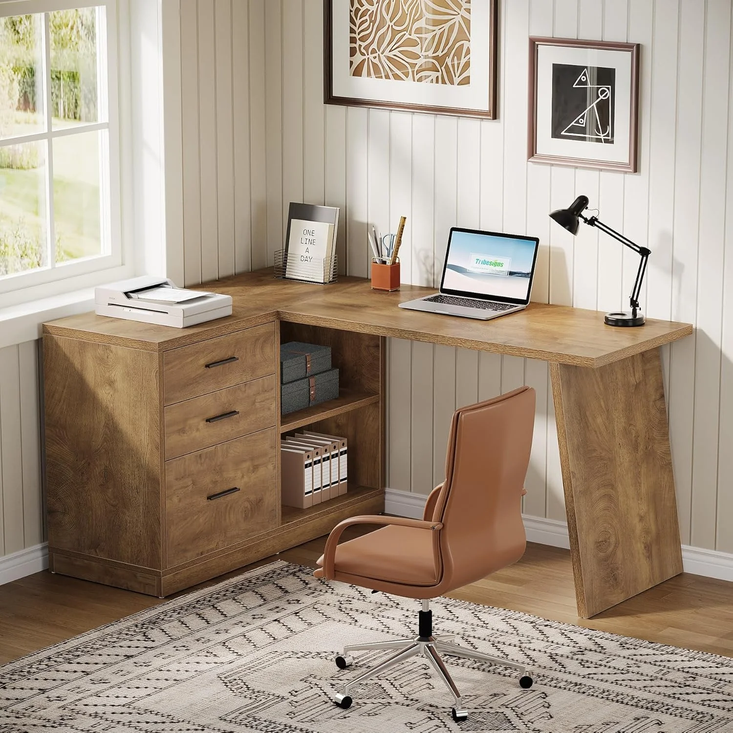 55-Inch L Shaped Computer Desk with 3 Drawers, Corner Home Office Desk with Storage Shelves(Brown) - Image 6