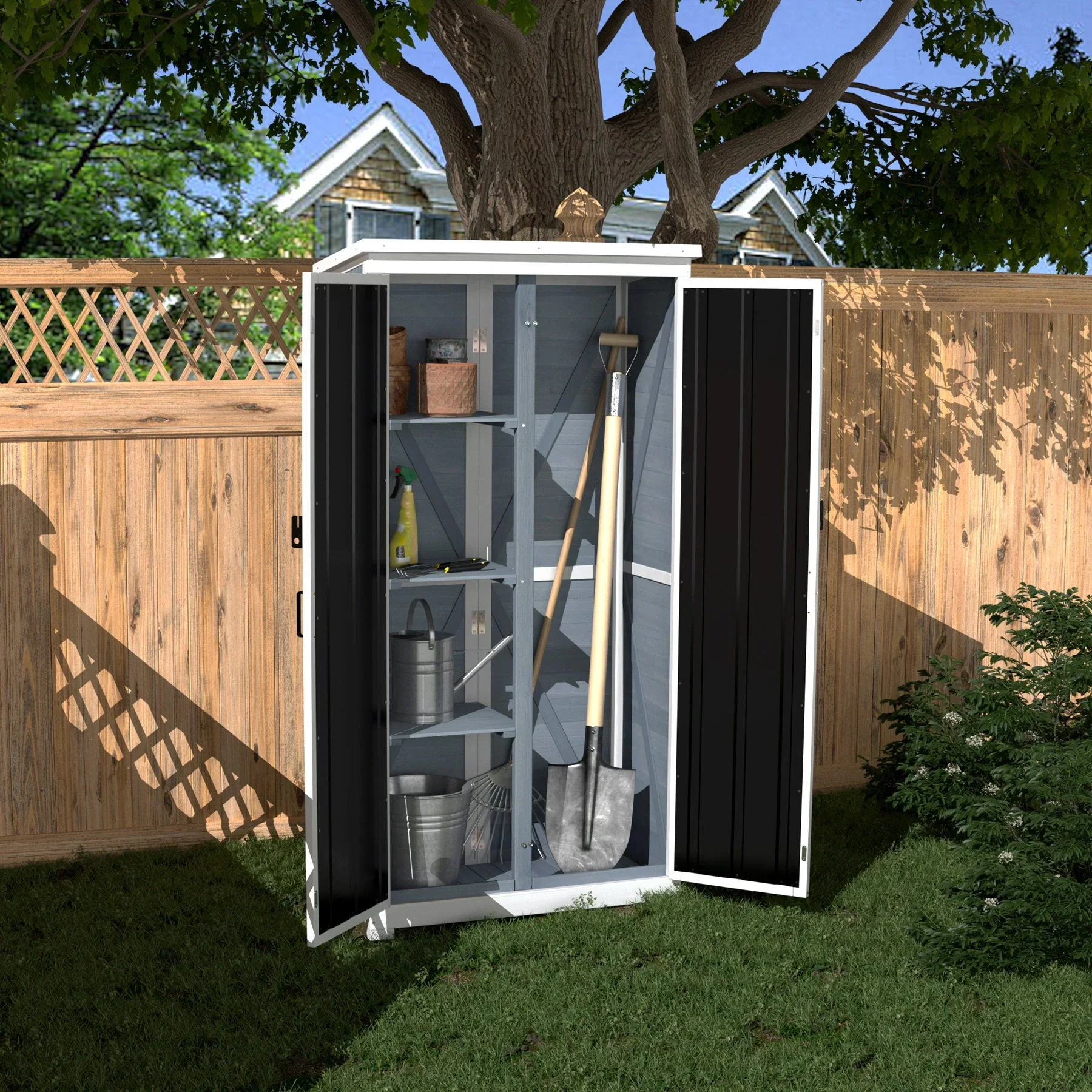 GDLF Outdoor Storage Cabinet Wood & Metal Garden Tool Shed Waterproof Sturdy 66 H