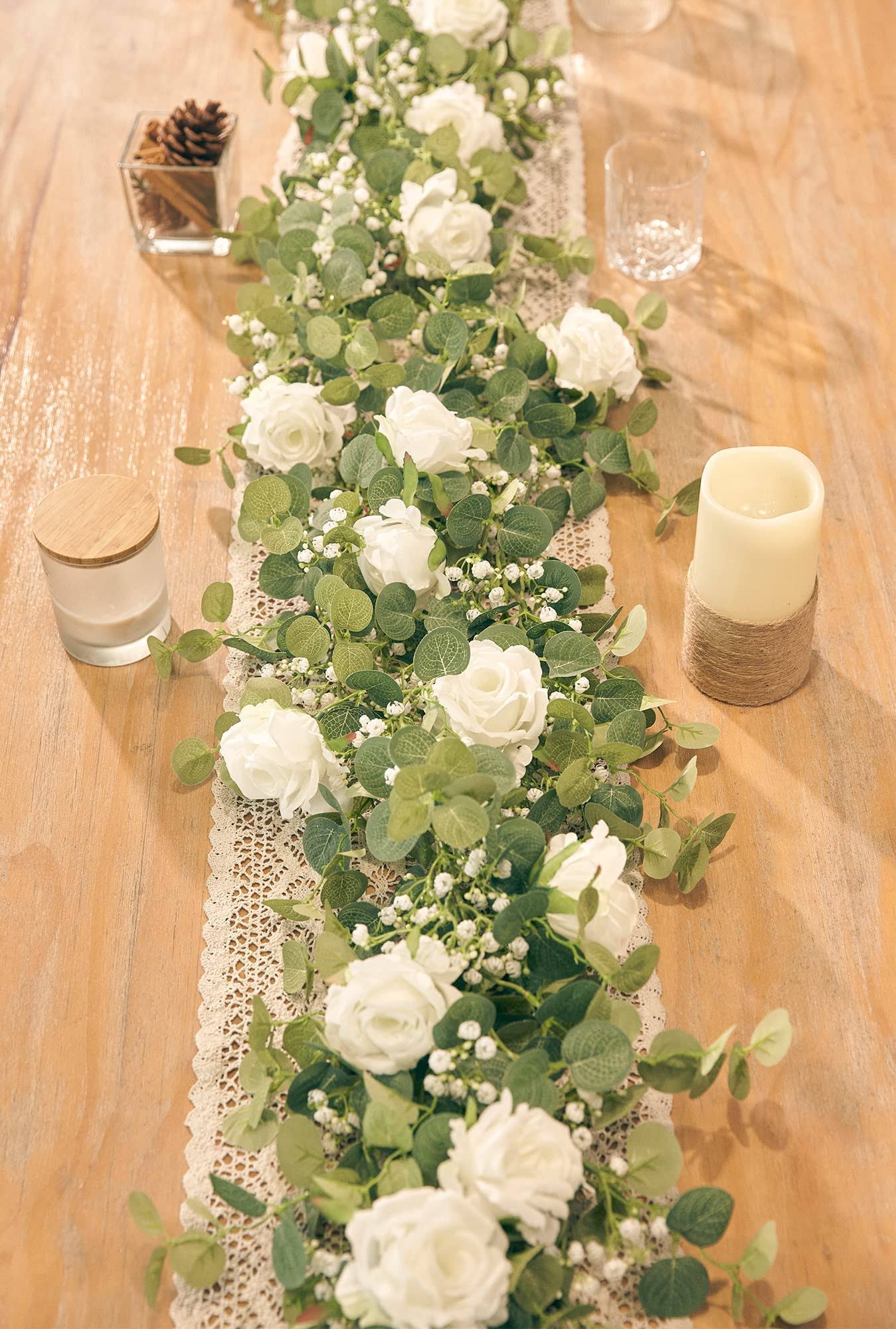 Anna's Whimsy 5.91ft Artificial Eucalyptus Garland with Flowers, Fake Rose Gypsophila Garland, Faux Floral Garland Greenery Garland for Wedding