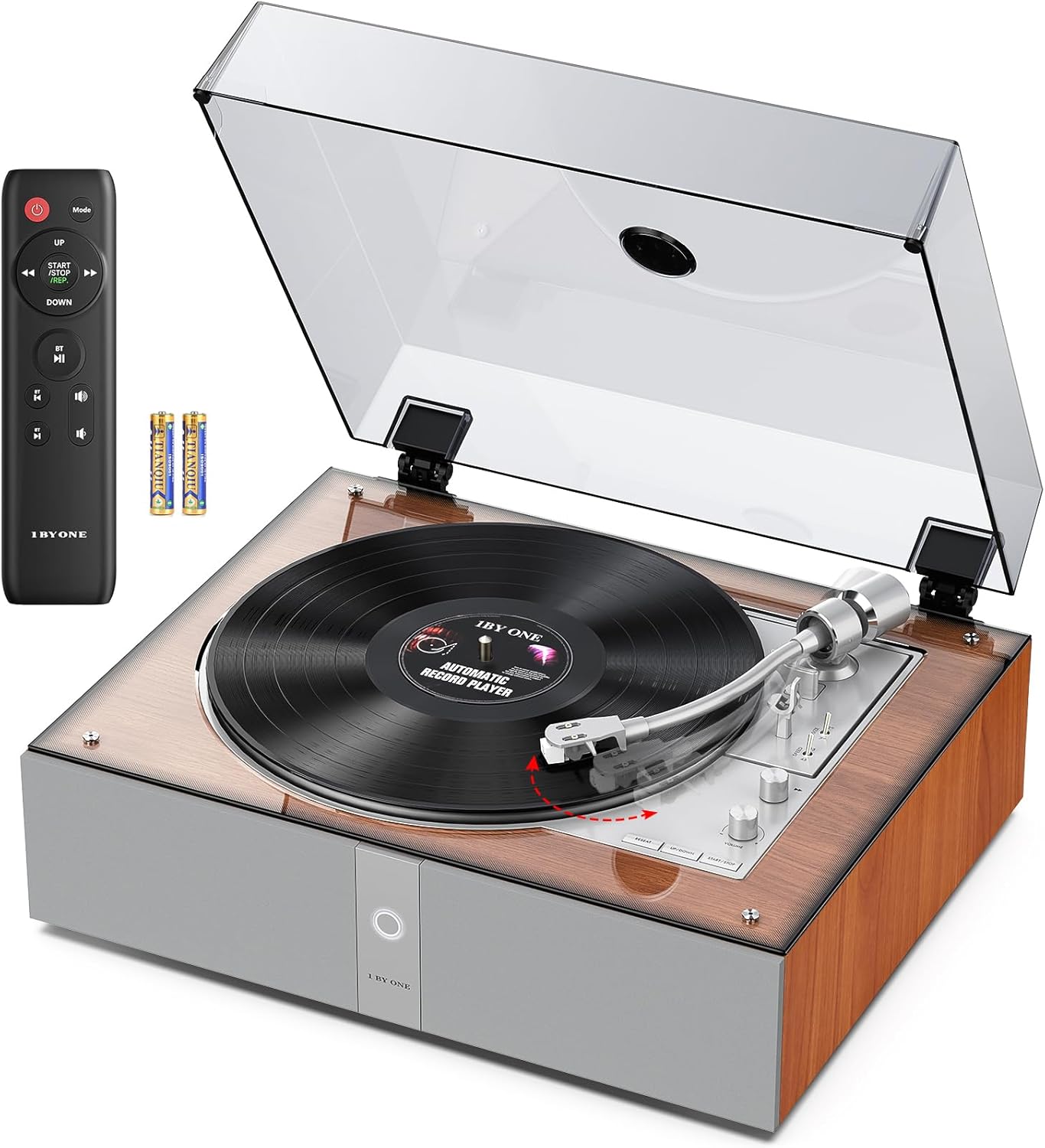 1 by ONE Fully Automatic Record Player  All-in-One Vinyl Turntable with Automatic Repeat Function  Remote Control  Built in Speakers& DSP  Phono Preamp  AT-3600L Cartridge  Belt Drive 2-Speeds