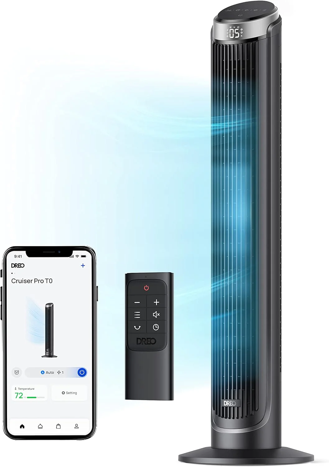 Ventilateur tour intelligent DREO pour chambre, oscillation à 90°, 101,6 cm (40 po), 5 vitesses et 4 modes de ventilation, silencieux, compatible avec Alexa, télécommande, application et commande vocale, minuterie 12 h, argent.
