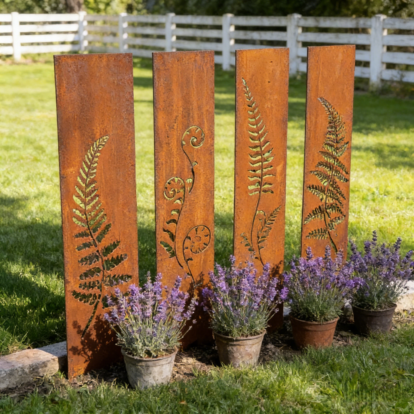 Hand-Welded Rustic Elegant Iron Fern Panel Privacy Screen - 4 Pcs