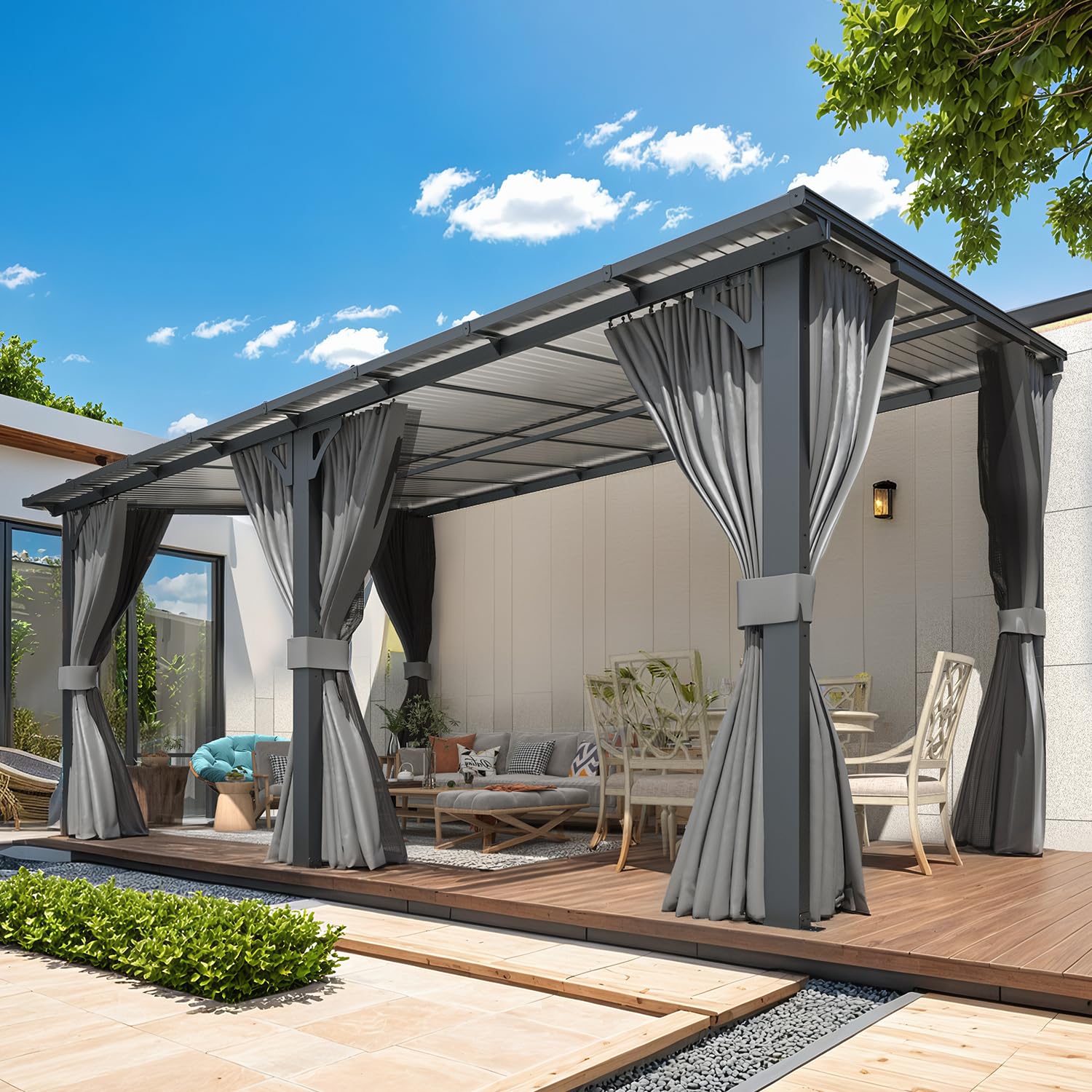AECOJOY 16'x10' Wall Gazebo with Curtains and Mosquito Netting, Gray