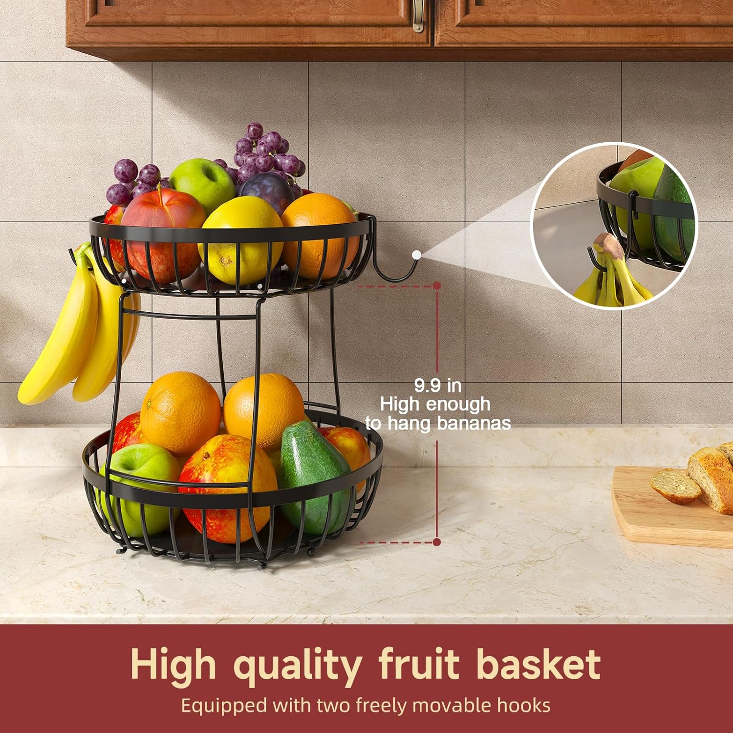 Sevenblue 2 Tier Large Fruit Bowl for Kitchen Counter with 2 Banana Hangers