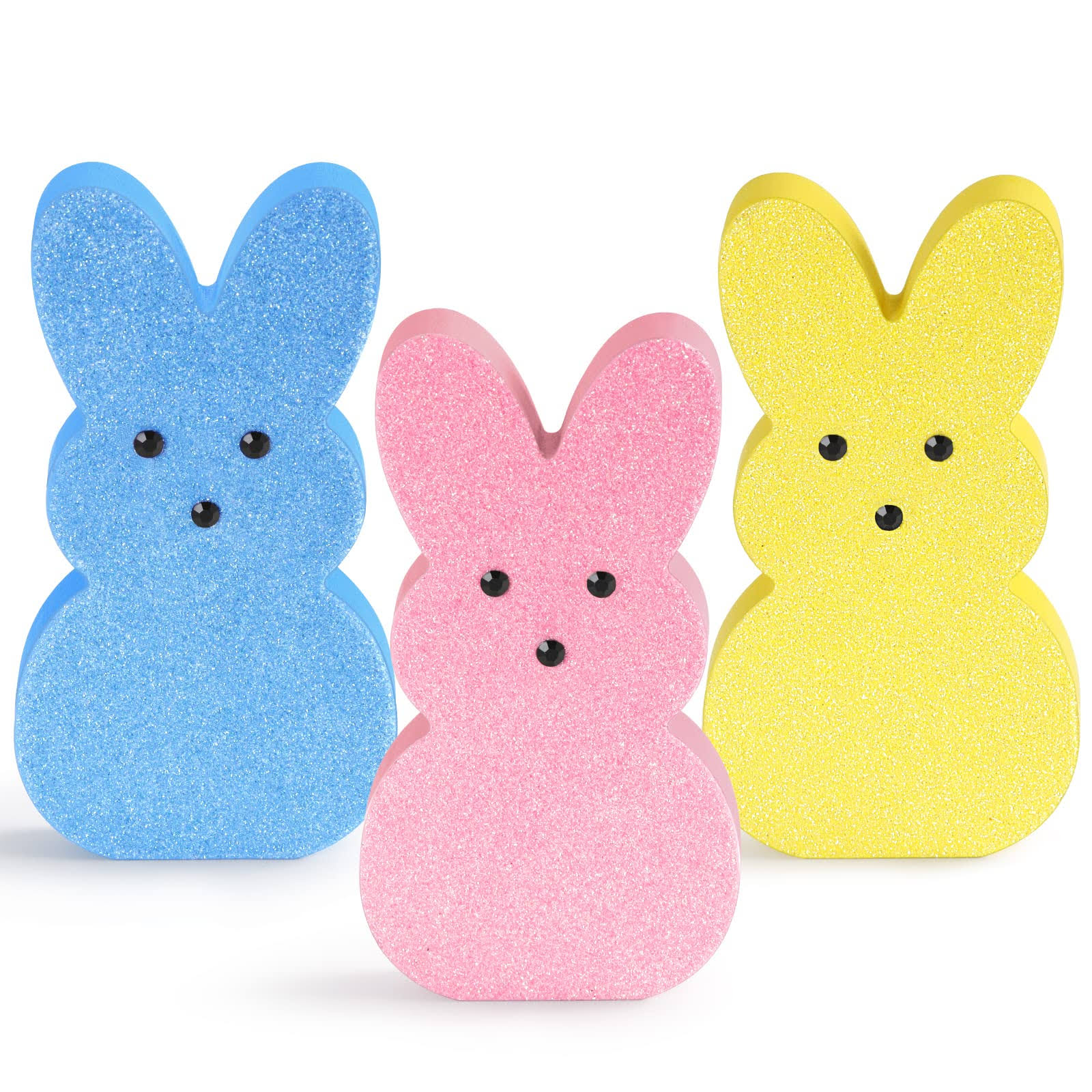Easter Bunny Decor, 3 Pcs Glittery Easter Wooden Signs for Tiered Tray / Mantel