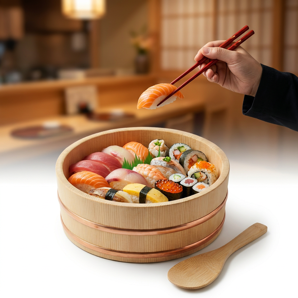 Pearl Bamboo Hand-Rolled Round Chirashizushi 4-Piece Set Sushi Oke Cups Rice Paddle X3 Home Sushi Enjoyment