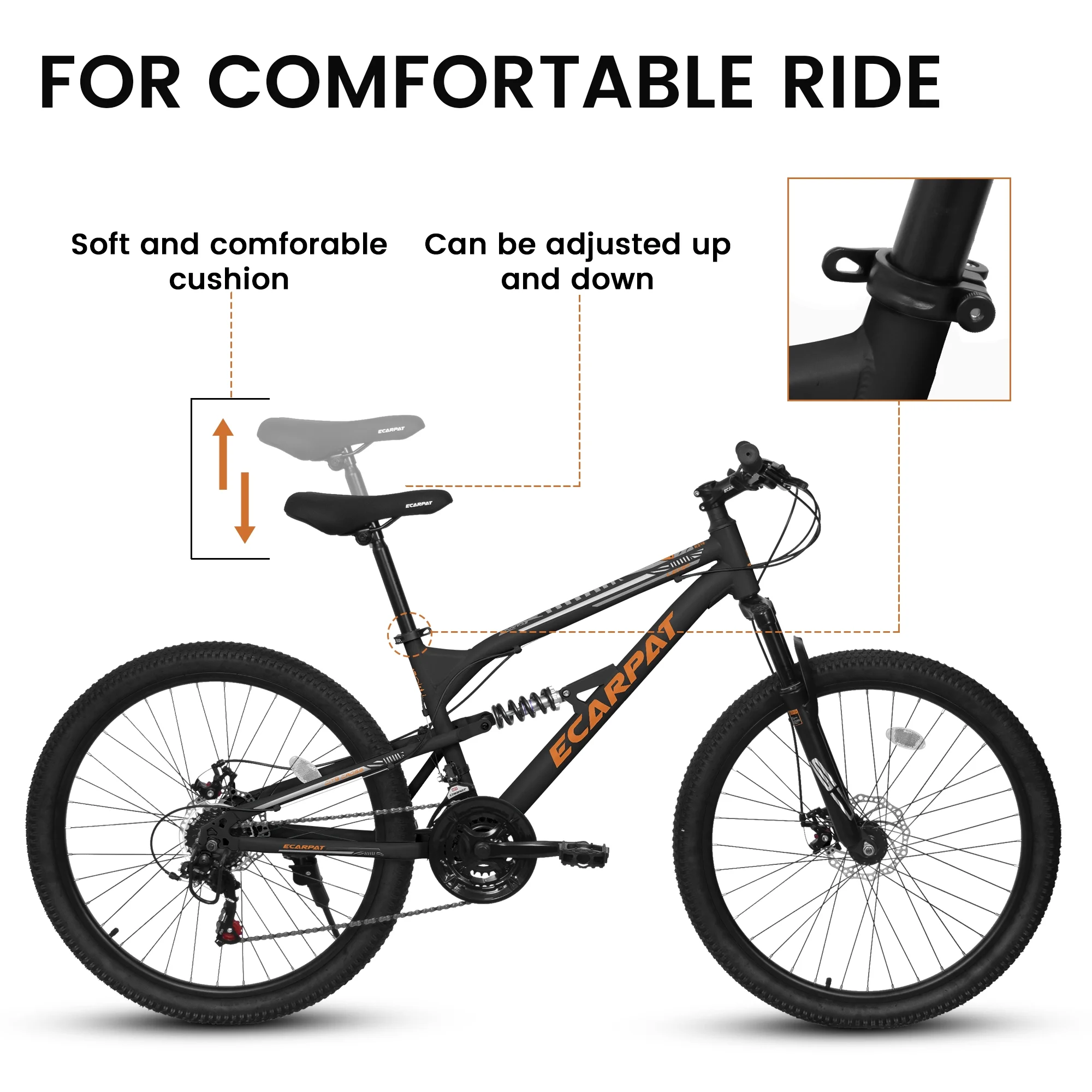 26 Inch Mountain Bike, Dual Full Suspension 21-Speed Disc Brakes Thumb Shifter, Carbon Steel Frame Mountain Bike, Mens Womens Trail Commuter City Bicycles(Black-Orange/26") - Image 5