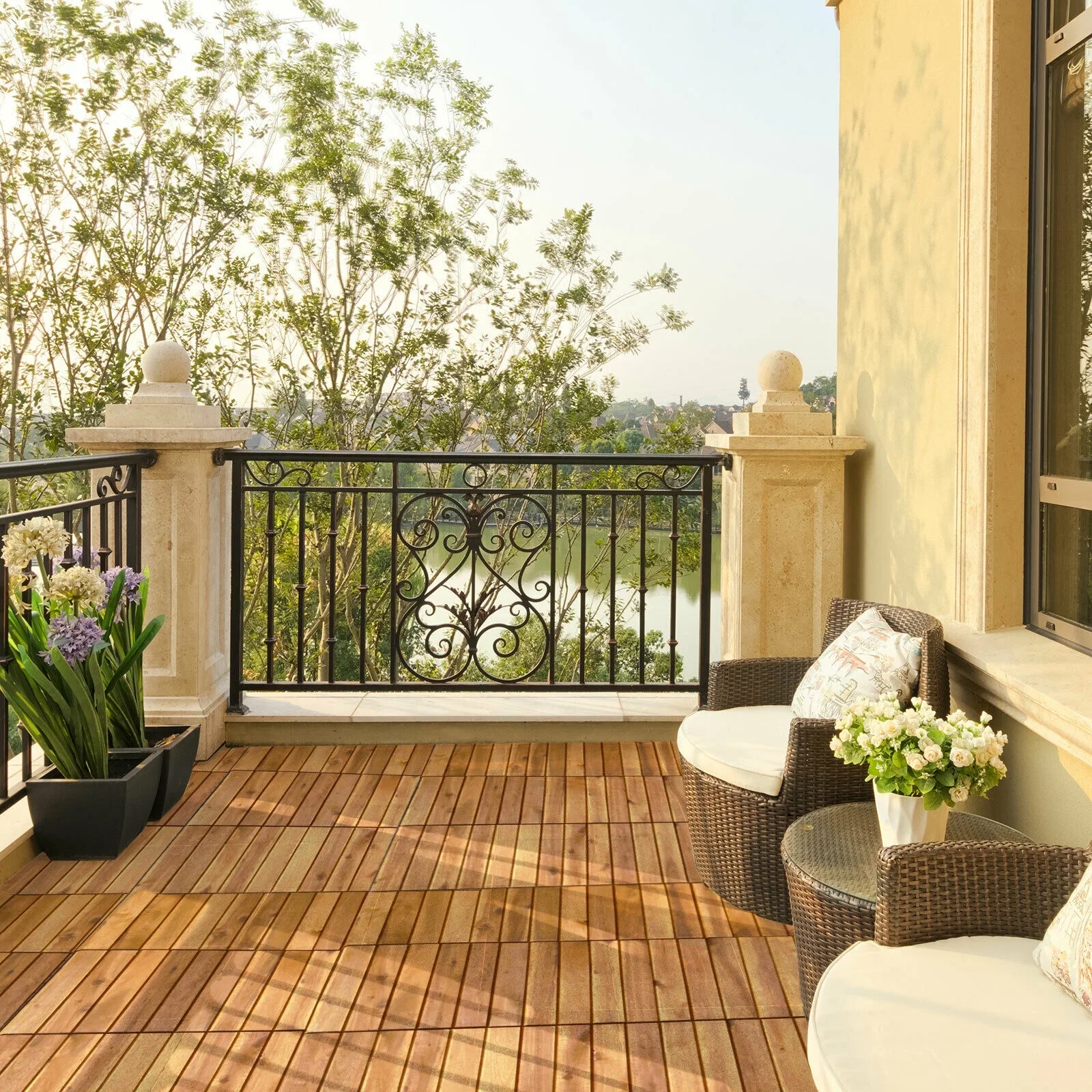 Patiojoy 27PCS 12x12 Patio Interlocking Tiles Acacia Slat Wood Garden Outdoor &Indoor