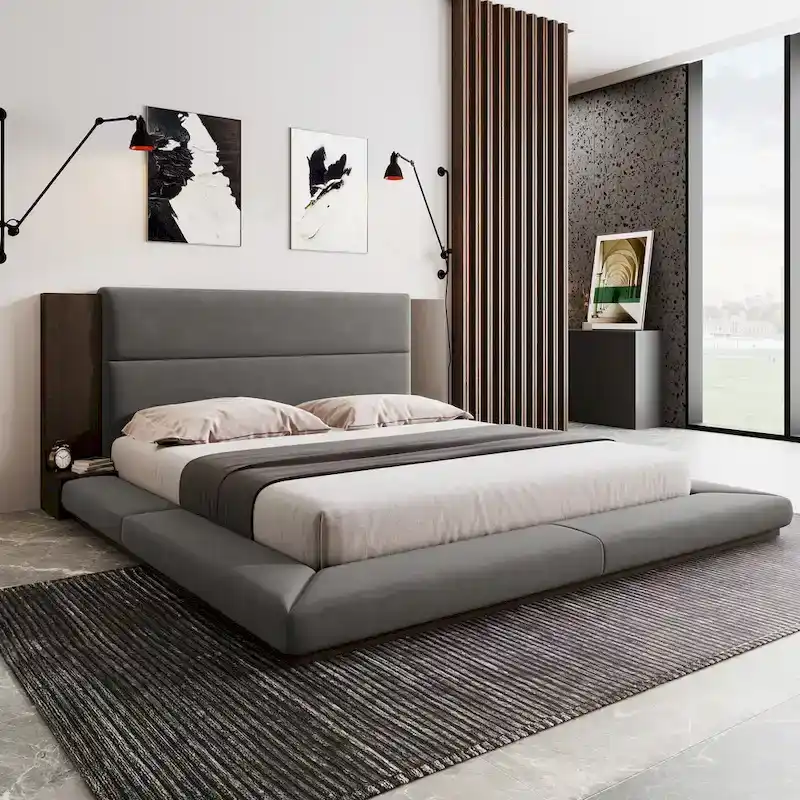 King Gray Upholstered Low Profile Platform Bed with Extended Wood Headboard and Integrated Nightstand Shelves