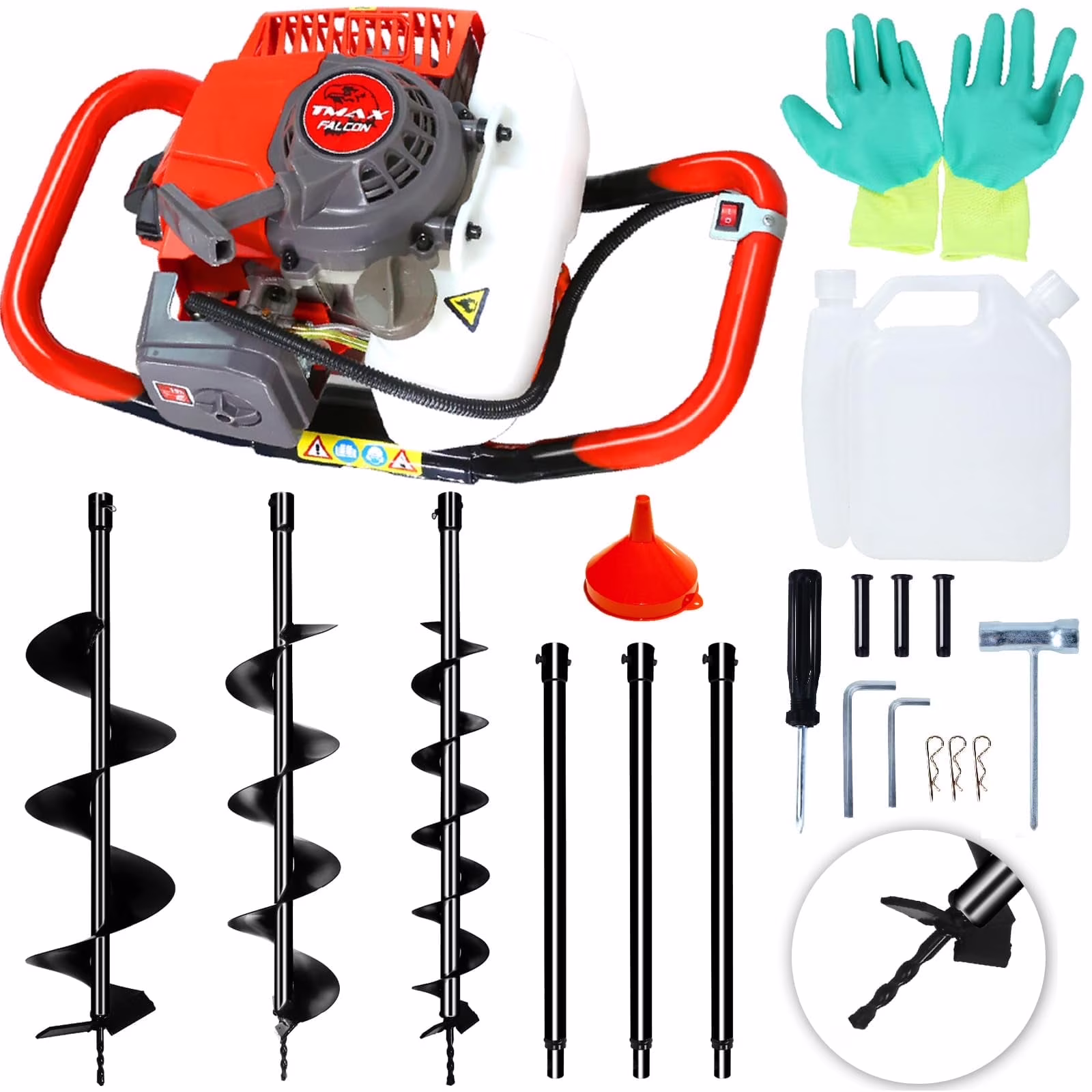 PRIJESSE 62CC Auger Post Hole Digger with 3 Auger Drill Bits(3 & 5 & 8) + 3 Extension Rods(24 & 24 & 24), Gas Powered 2-Stroke Earth Digger for Orchard Farm Garden Plant
